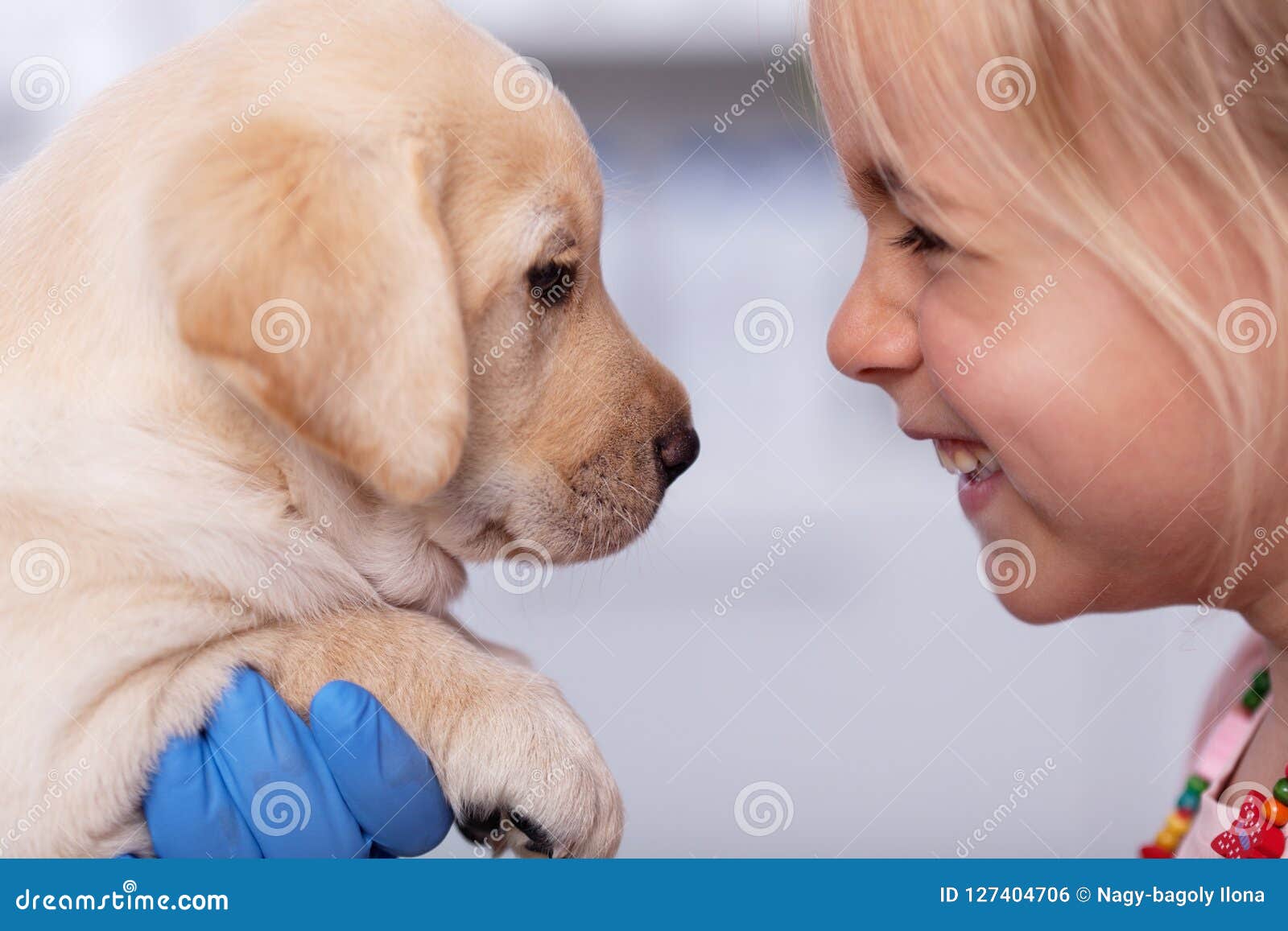 little girl with a grin meeting her new puppy at the animal shelter