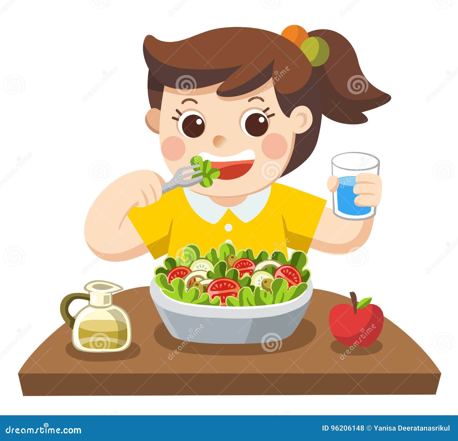 a little girl happy to eat salad. she love vegetables.