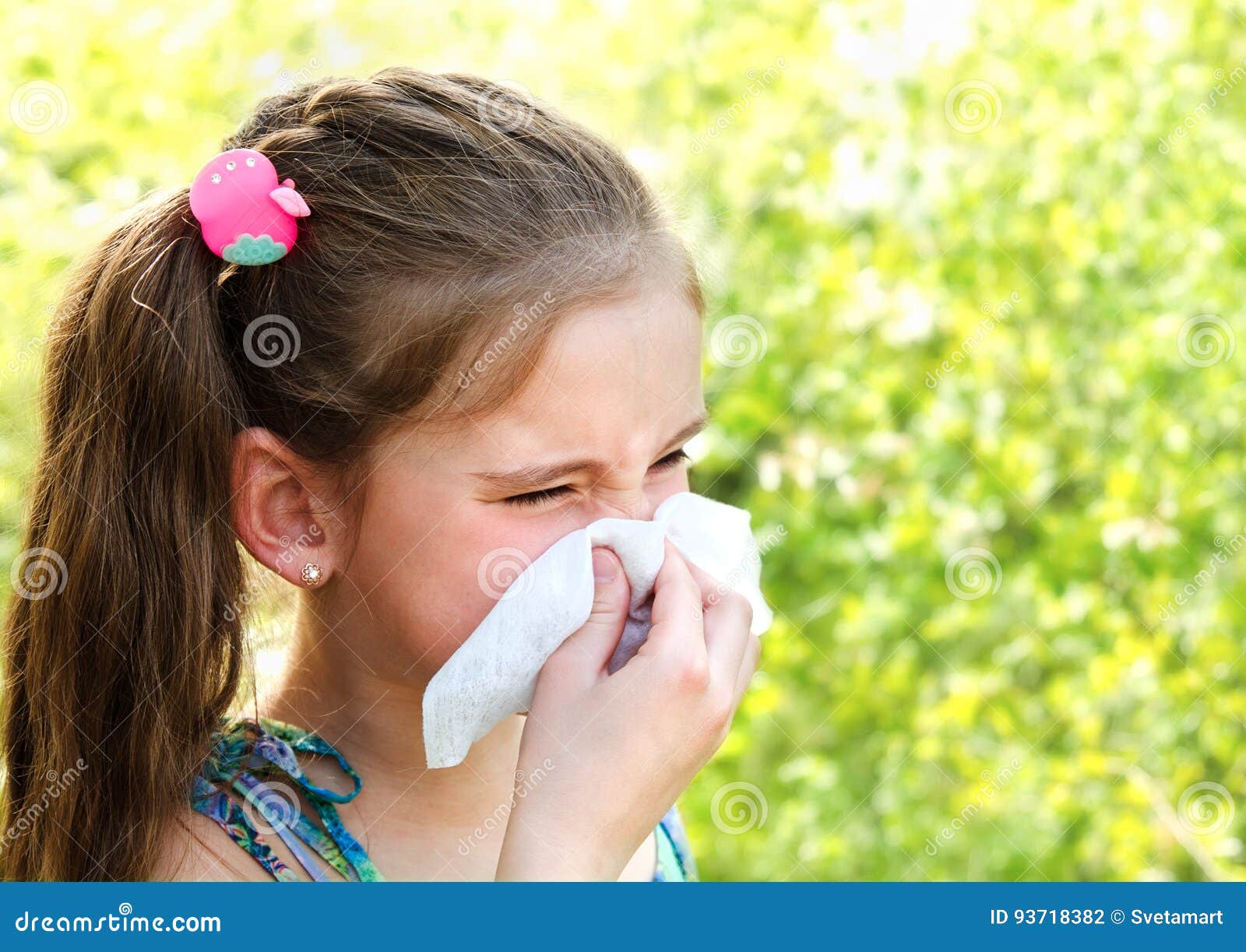 Little Girl Has Allergy To Spring Blossoming and Blowing Her Nos Stock ...