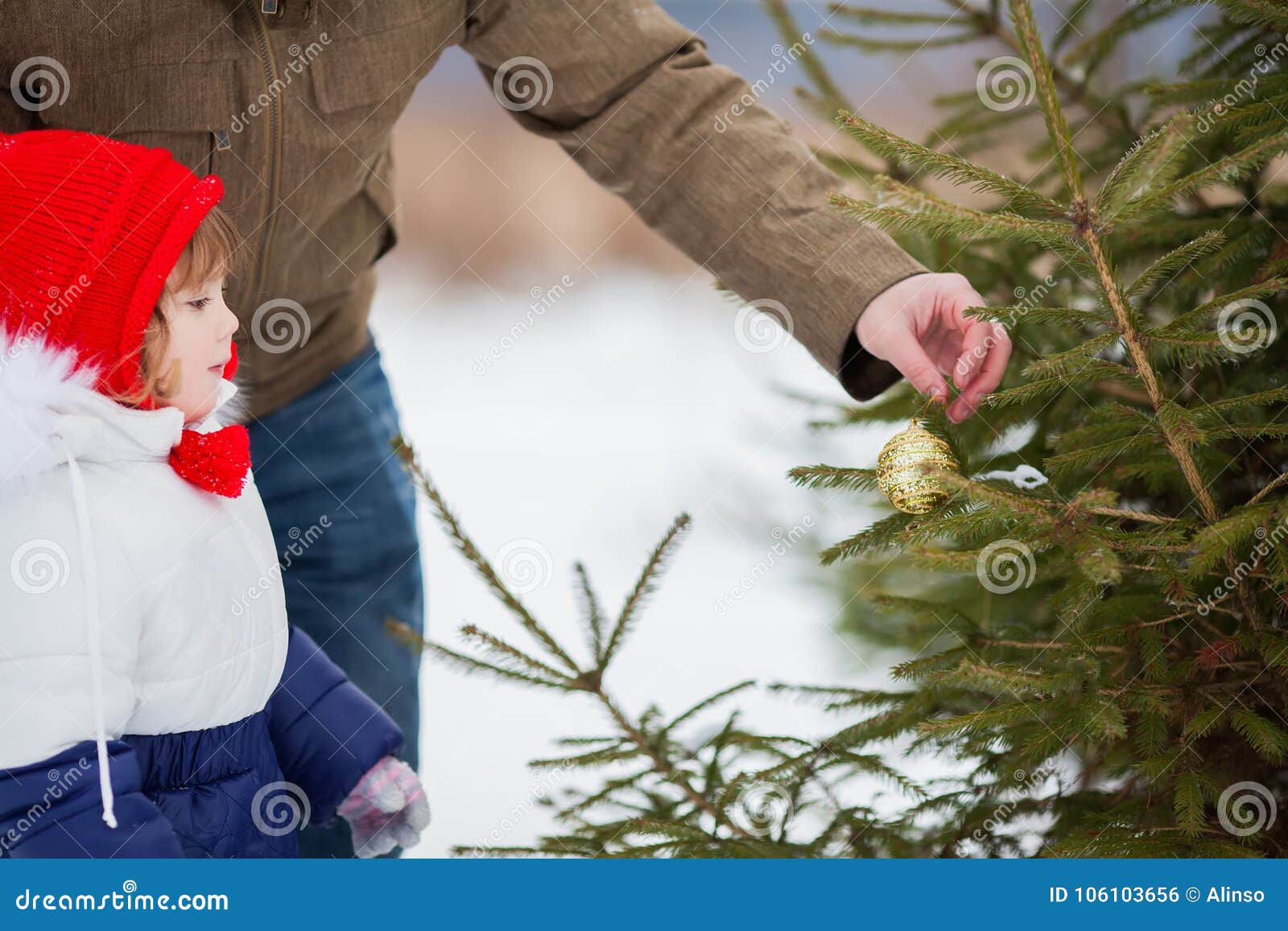 Little Girl Helping Her Father Decorating Christmas Three Outdoor ...