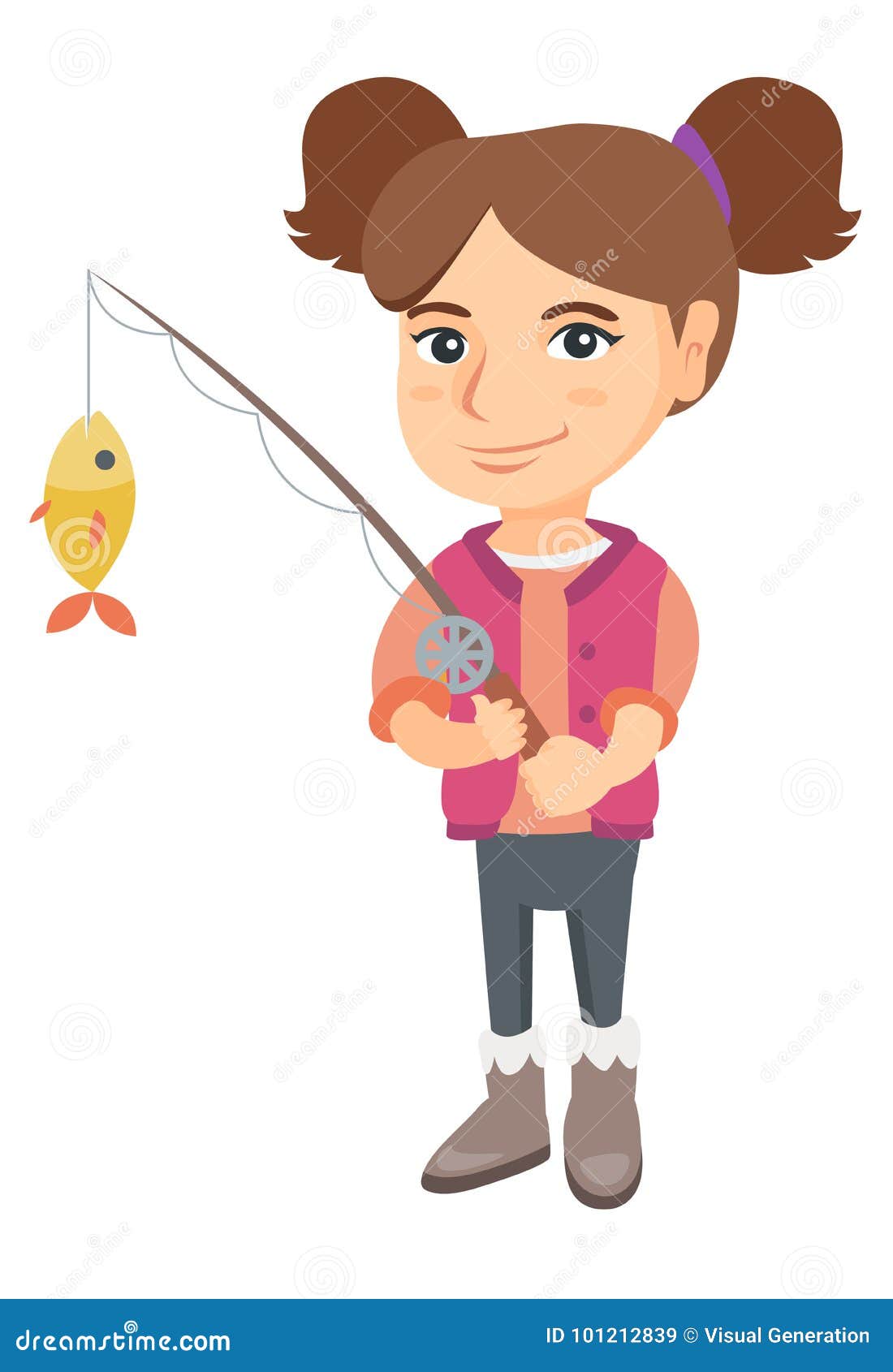 Little Girl Holding Fishing Rod with Fish on Hook. Stock Vector