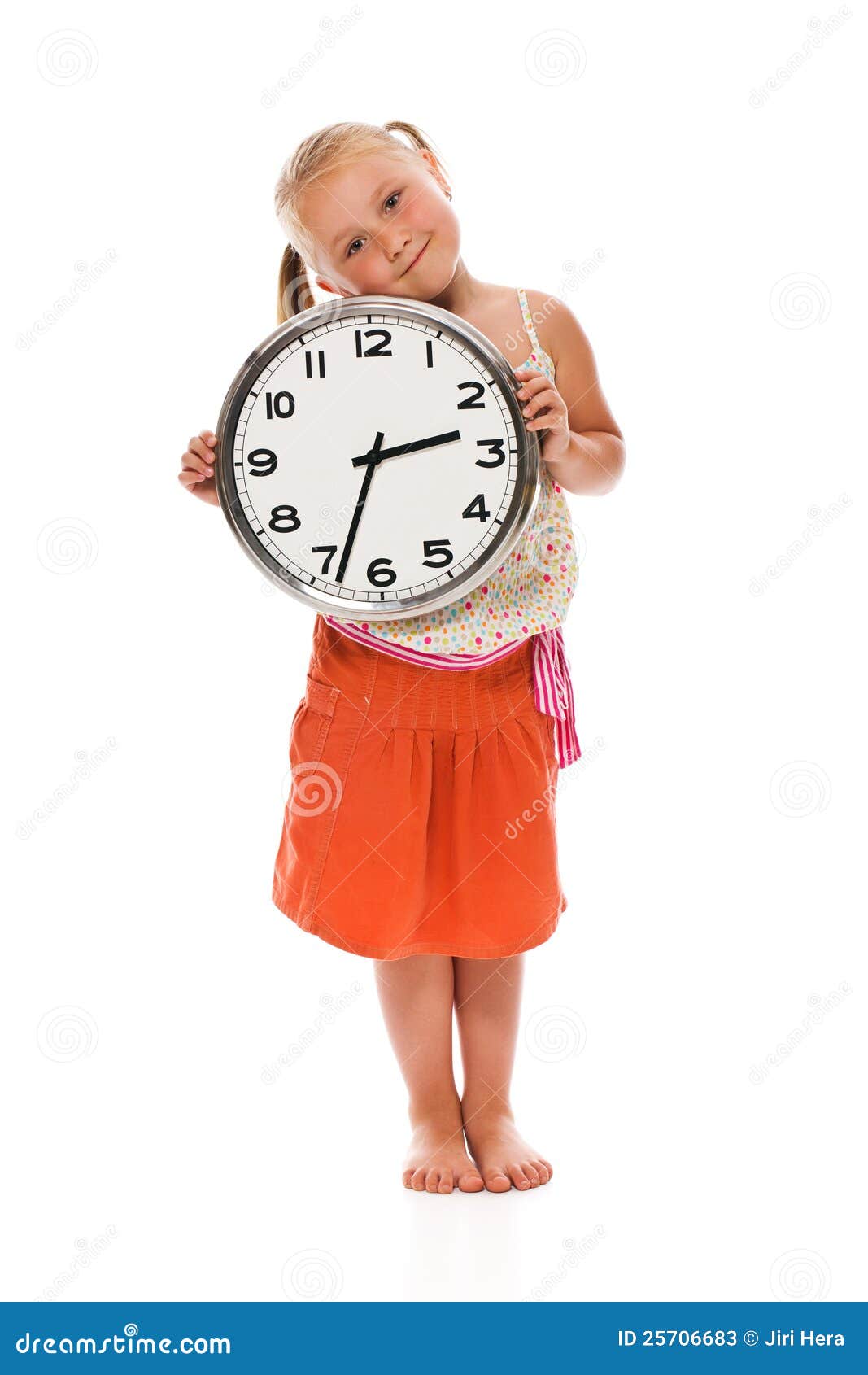 Little Girl Holding a Wall Clock in His Hand Stock Image Image of