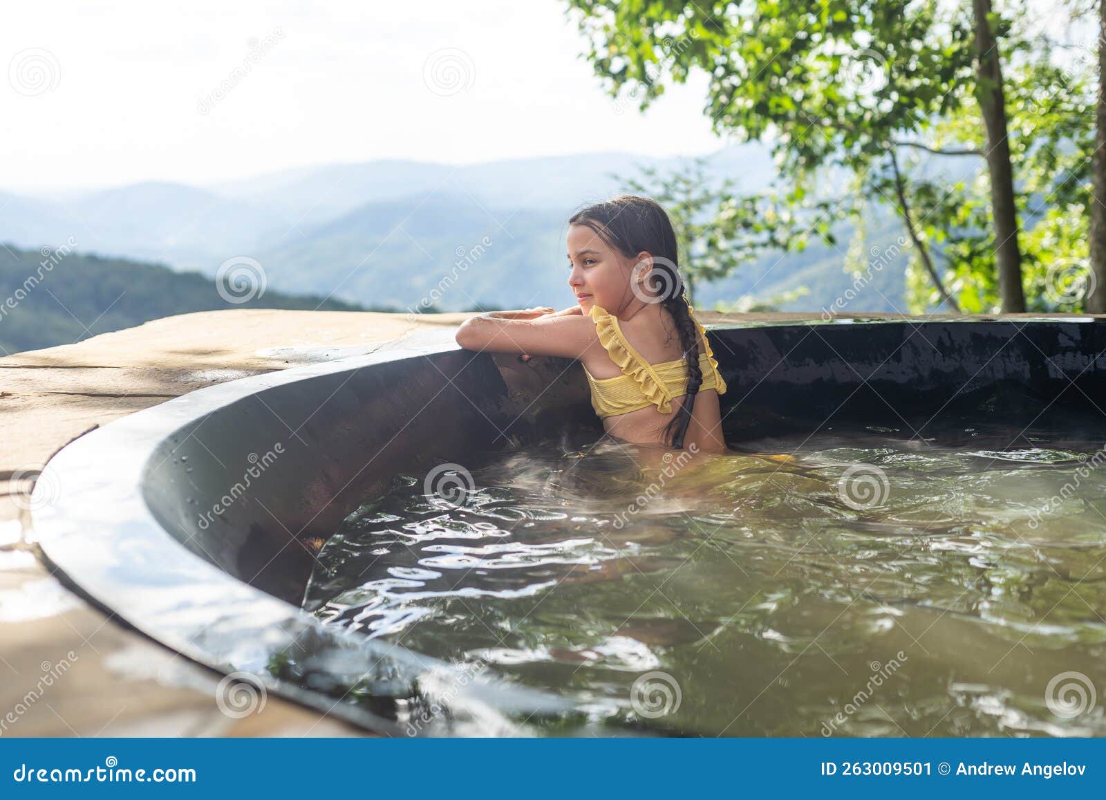 Little Girl in a Hot Tub in the Mountains, Summer Stock Image Image