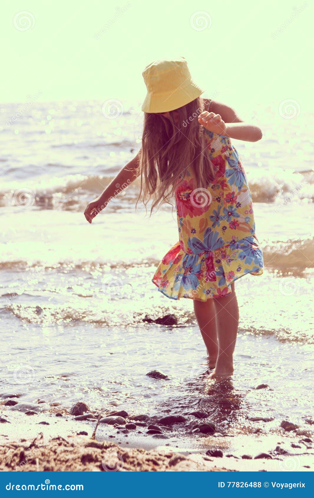 Little Girl Kid Walking on Beach at Sea. Fun. Stock Photo - Image of ...