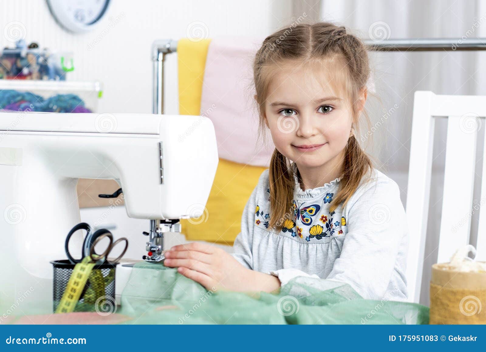 Little Girl Making Crafts at Sewing Machine Stock Image Image of seam