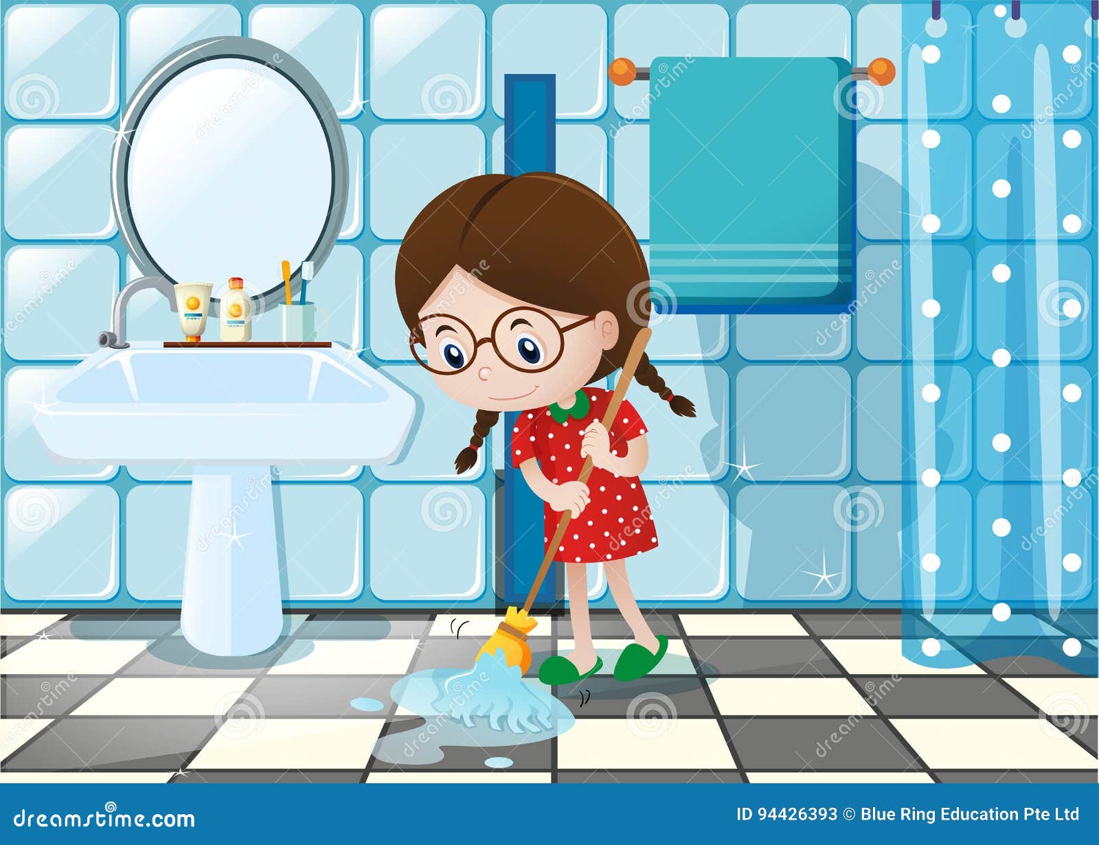 Little Girl Mopping Wet Floor in Bathroom Stock Vector - Illustration ...