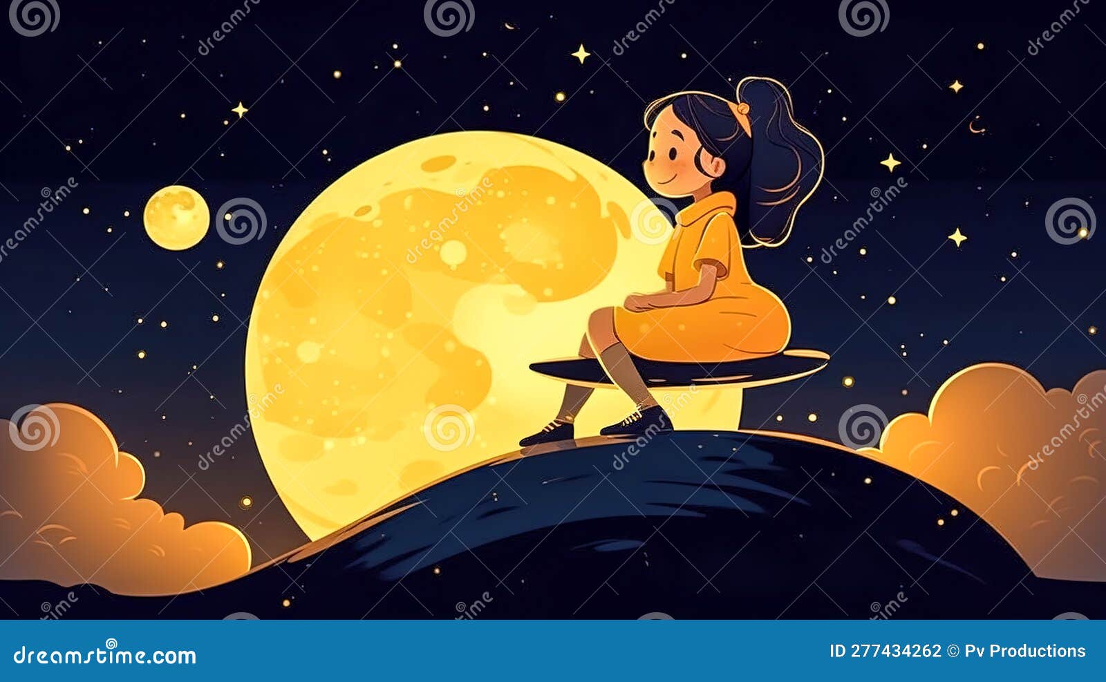 A Little Girl at Night among the Stars Looks at the Moon, Generative AI ...