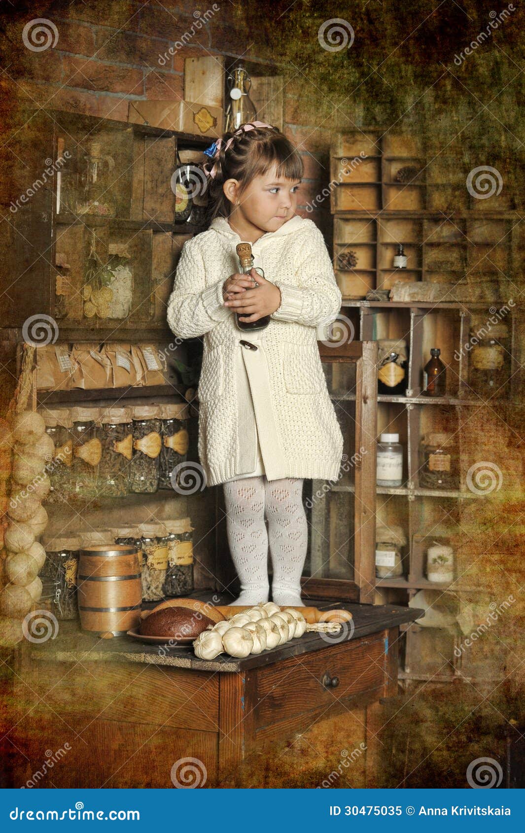 Little Girl On The Old Kitchen Stock Image - Image of 