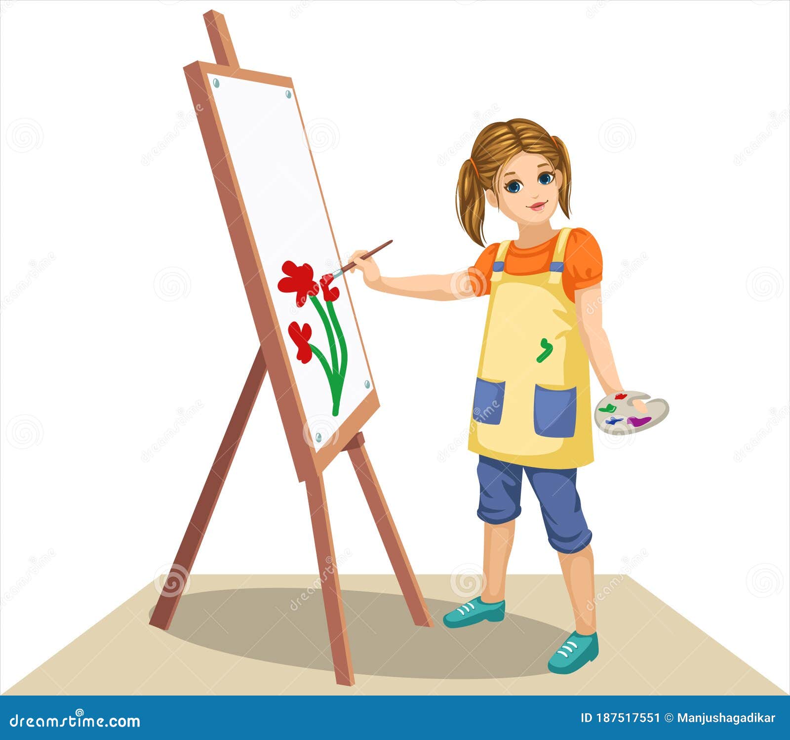 A Little Girl Painting on Canvas Stock Vector - Illustration of posing ...