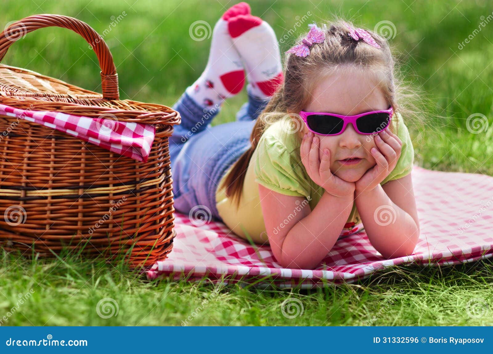 Little Girl with Picnic Basket Stock Photo Image of meadow, forest