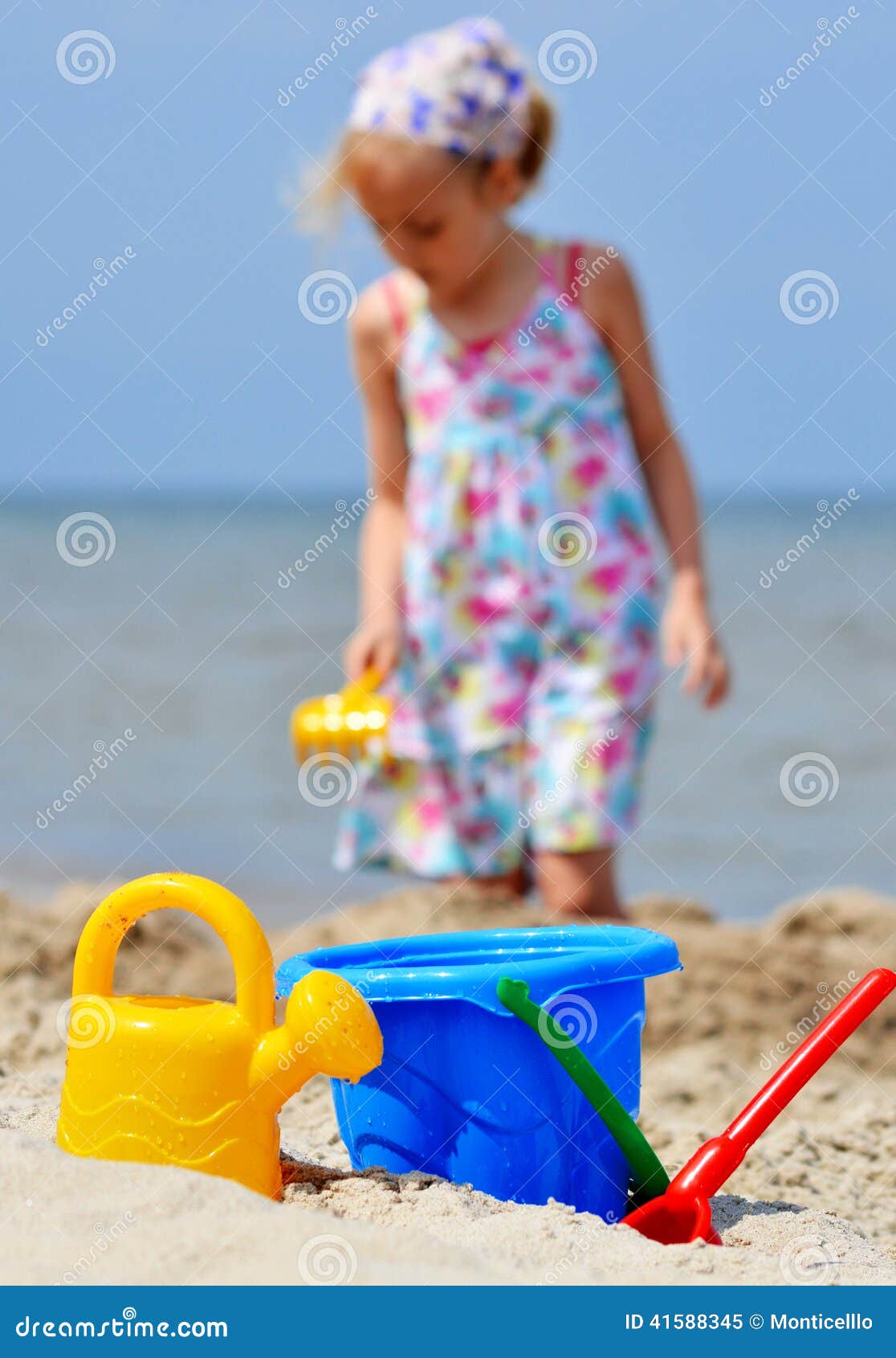 Little Girl Playing on the Sand Beach Stock Image - Image of blue ...