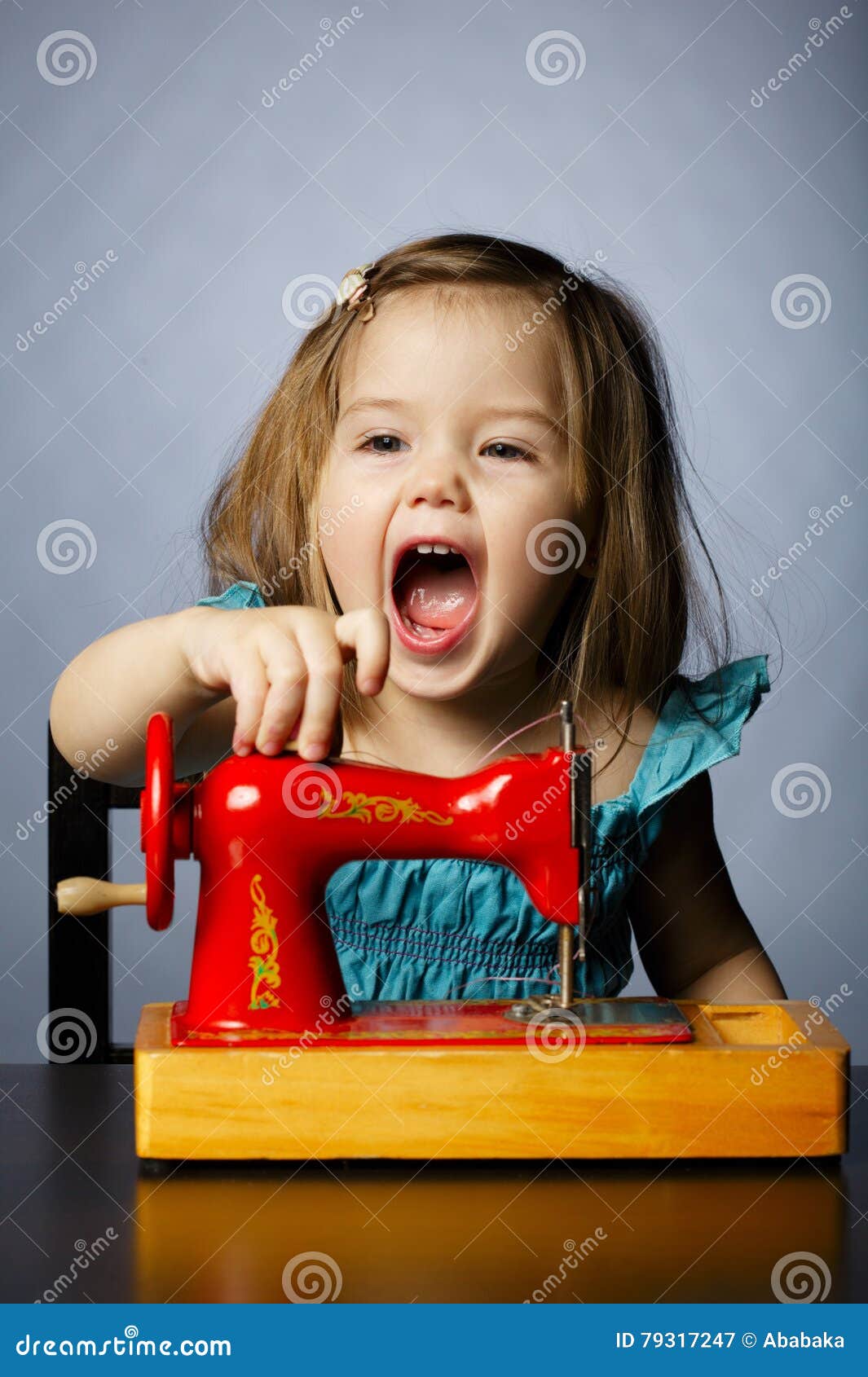 Little Girl is Playing with Sewing Machine Stock Image Image of home