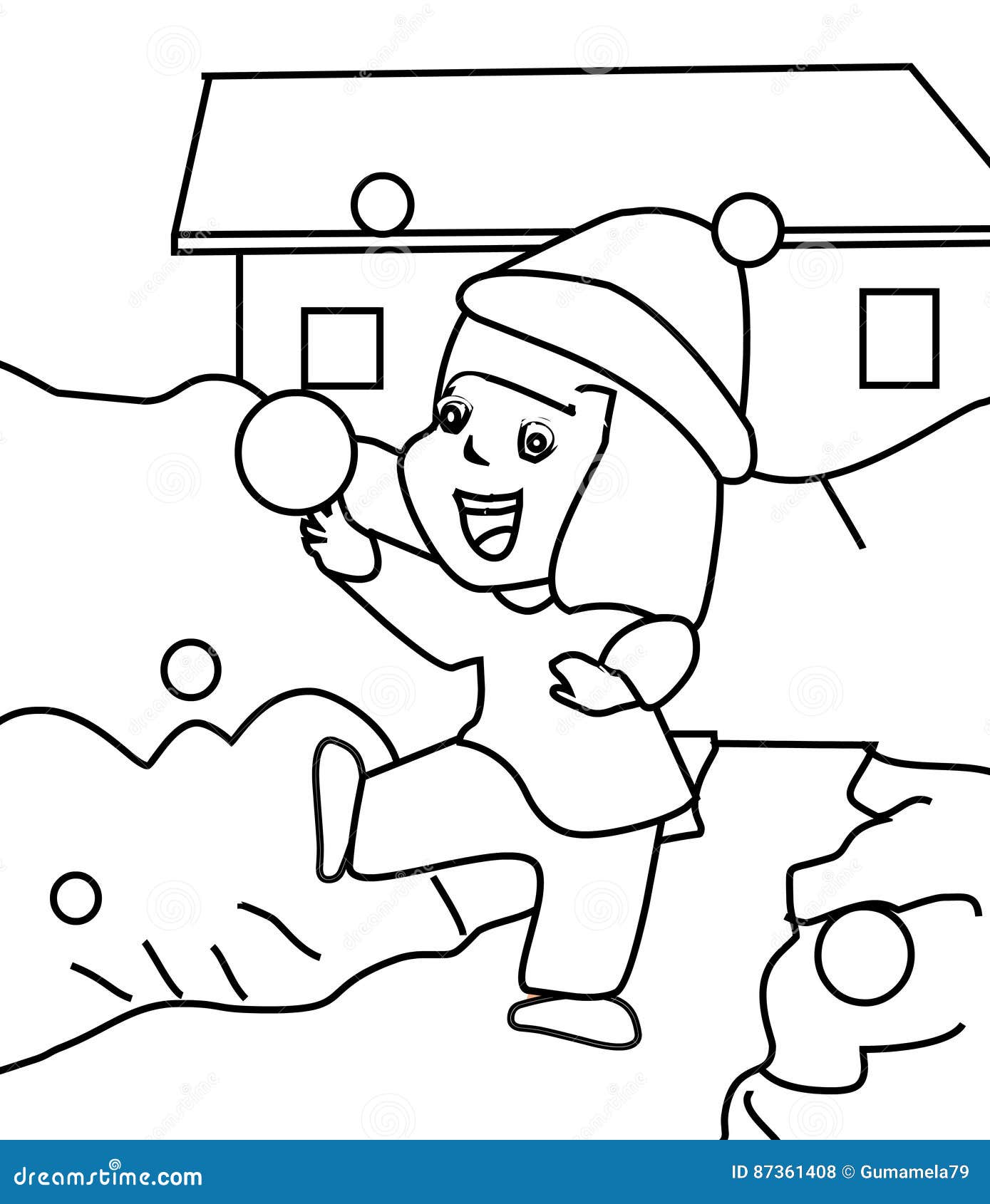 Little Girl Playing in Snow Coloring Page Stock Illustration