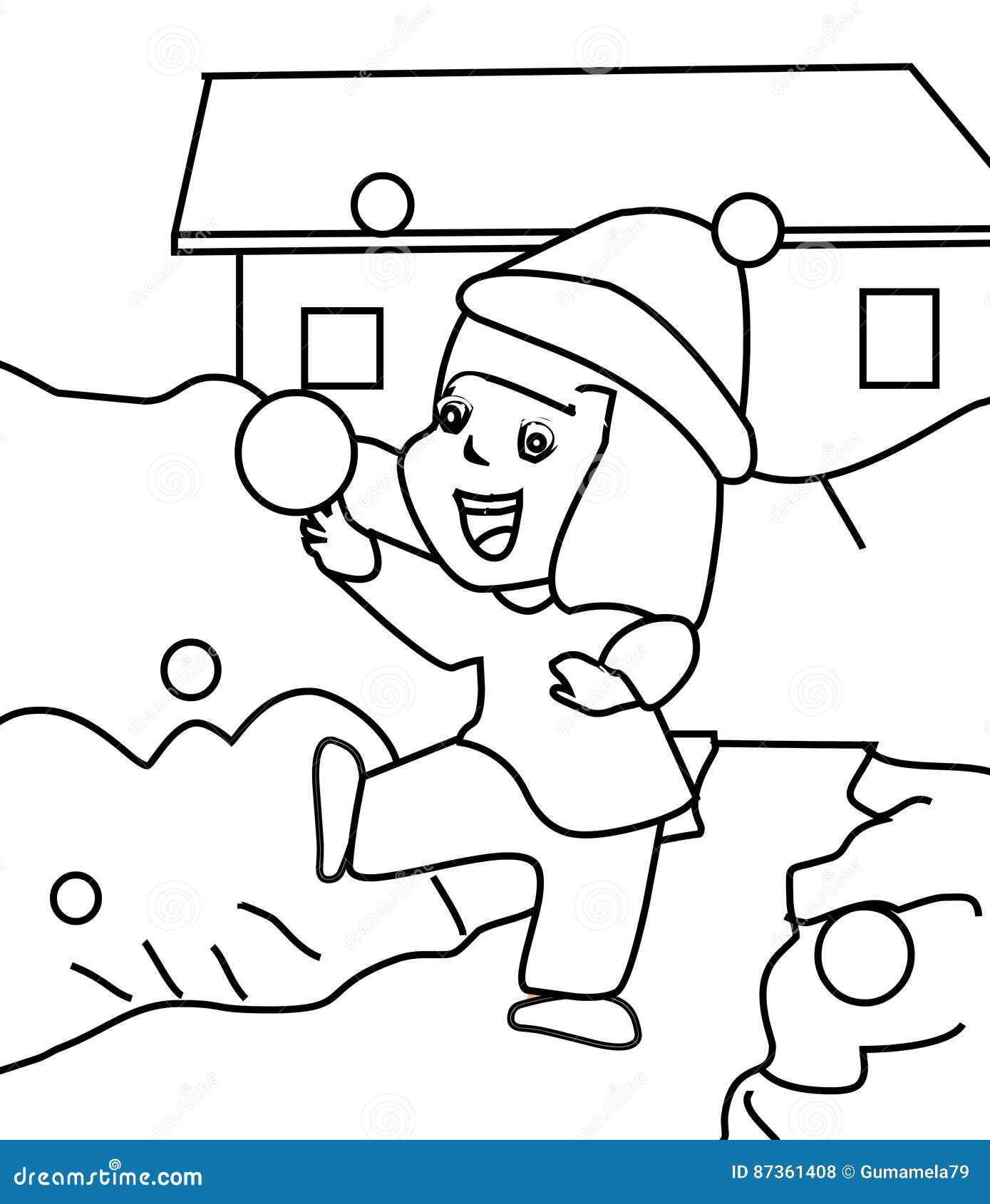 Little Girl Playing In Snow Coloring Page Stock Illustration