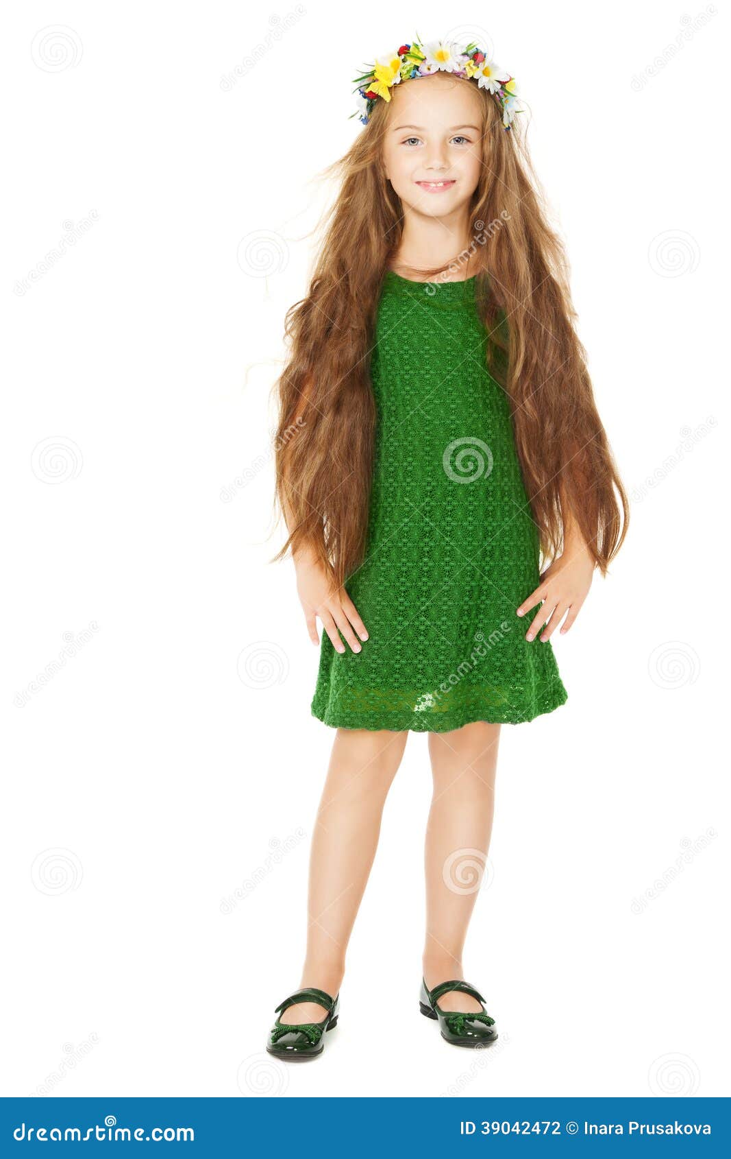 Little Girl Portrait Kid With Flower In Long Hair Stock