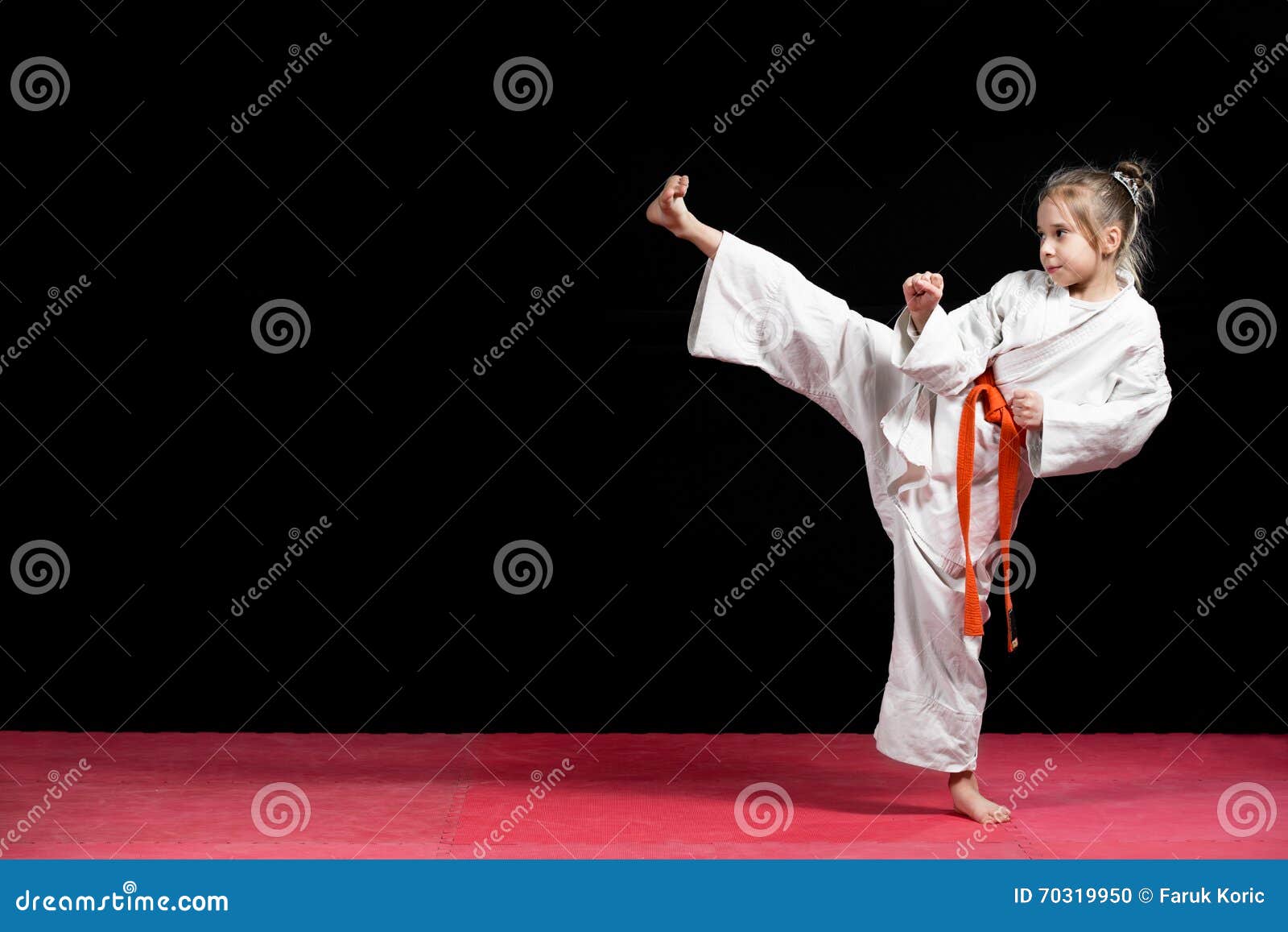 Little Girl Practice Karate Isolated on Black Stock Photo Image of