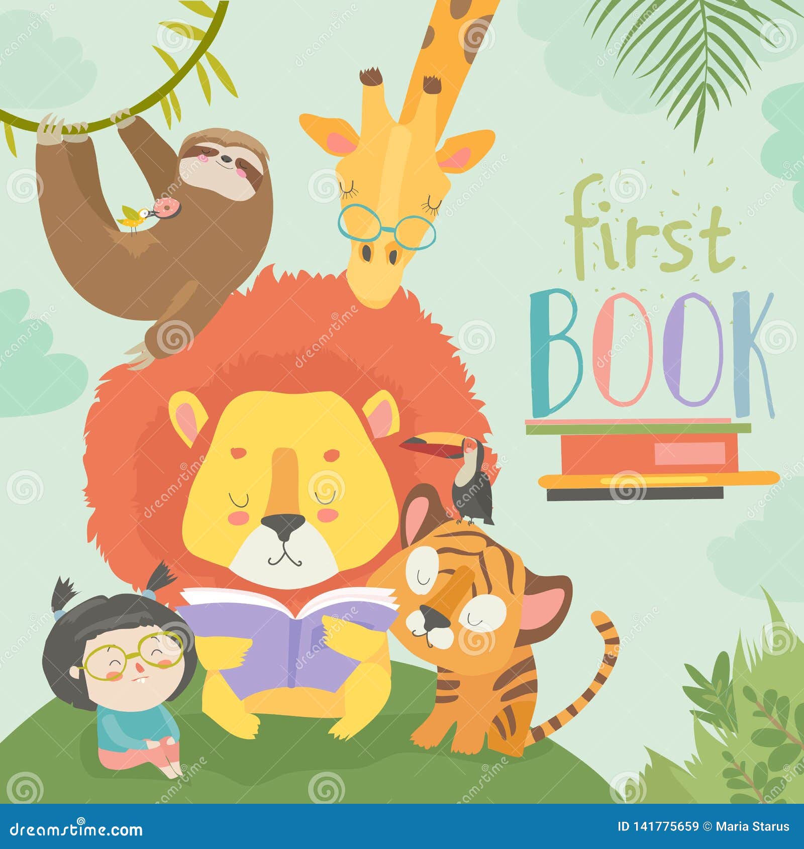 Little Girl Reading Book with Cartoon Animal. Lion,tiger,giraffe,slot Stock  Vector - Illustration of happy, pupil: 141775659