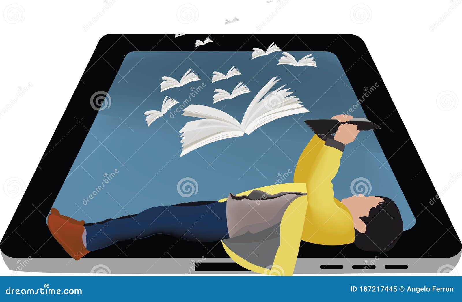 little girl reads a book over tablet books fly