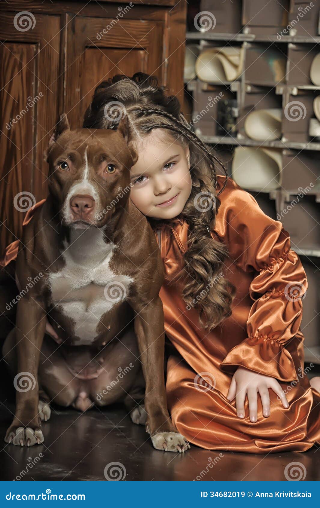 Little Girl in Retro Style with Stylish Hairstyle and Dog Stock