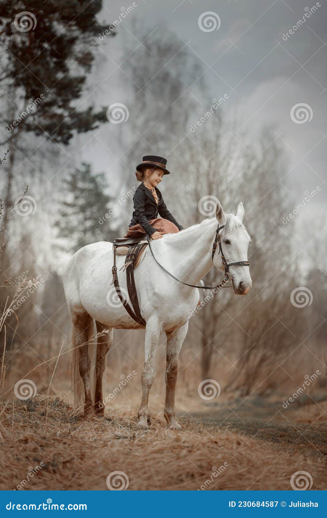 little girl in riding habit with horse and vizsla