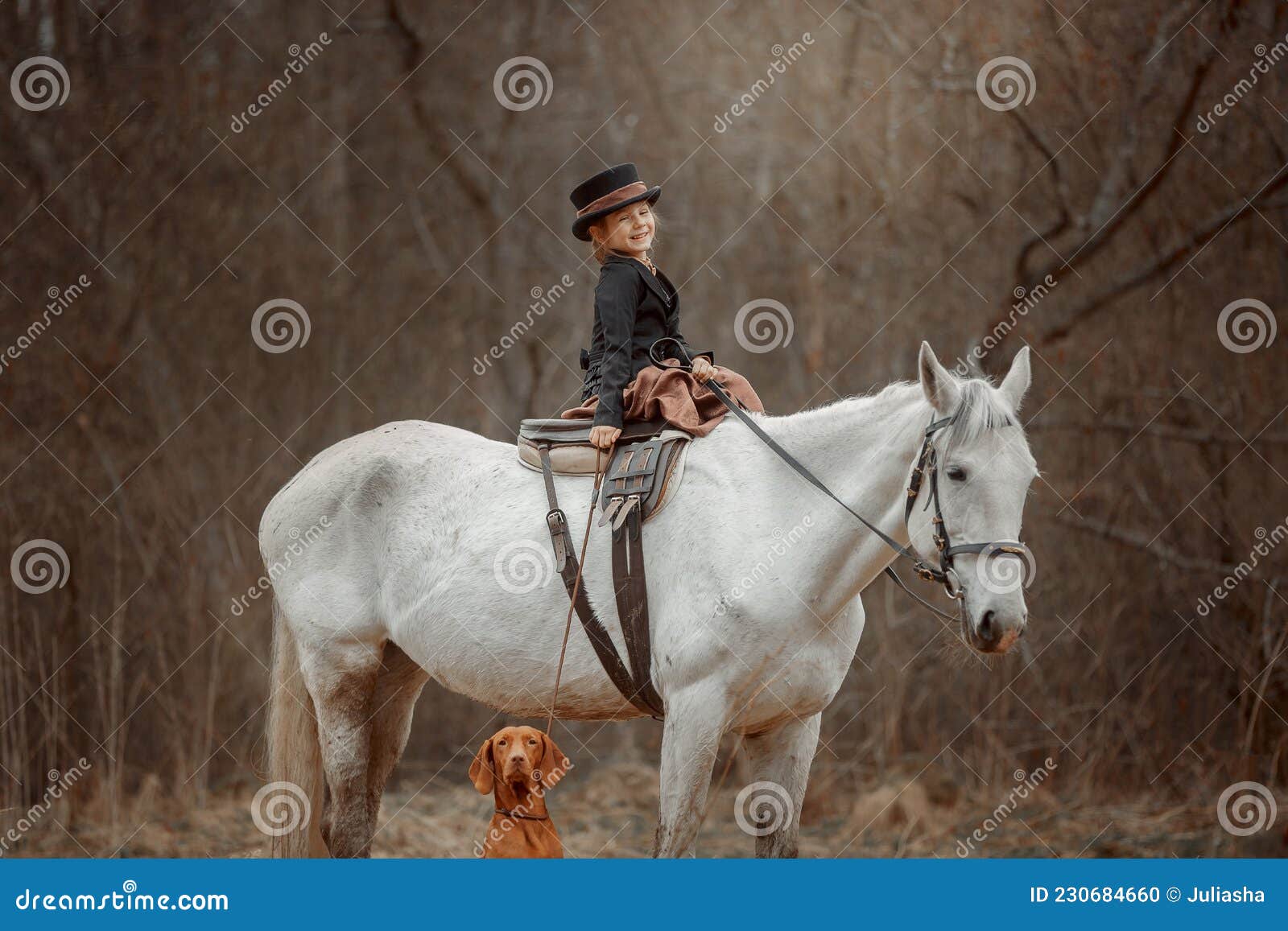 little girl in riding habit with horse and vizsla