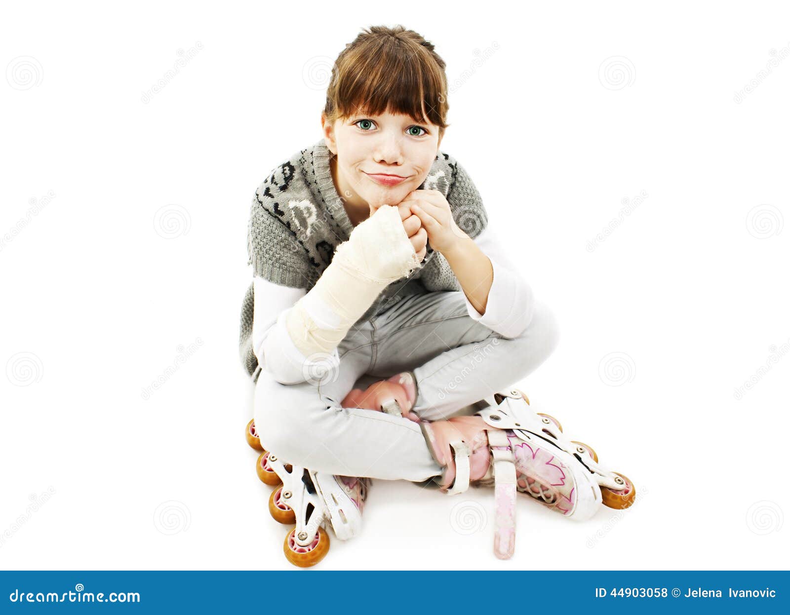 Little Girl on the Rollerblades with Broken Arm Stock Photo Image of