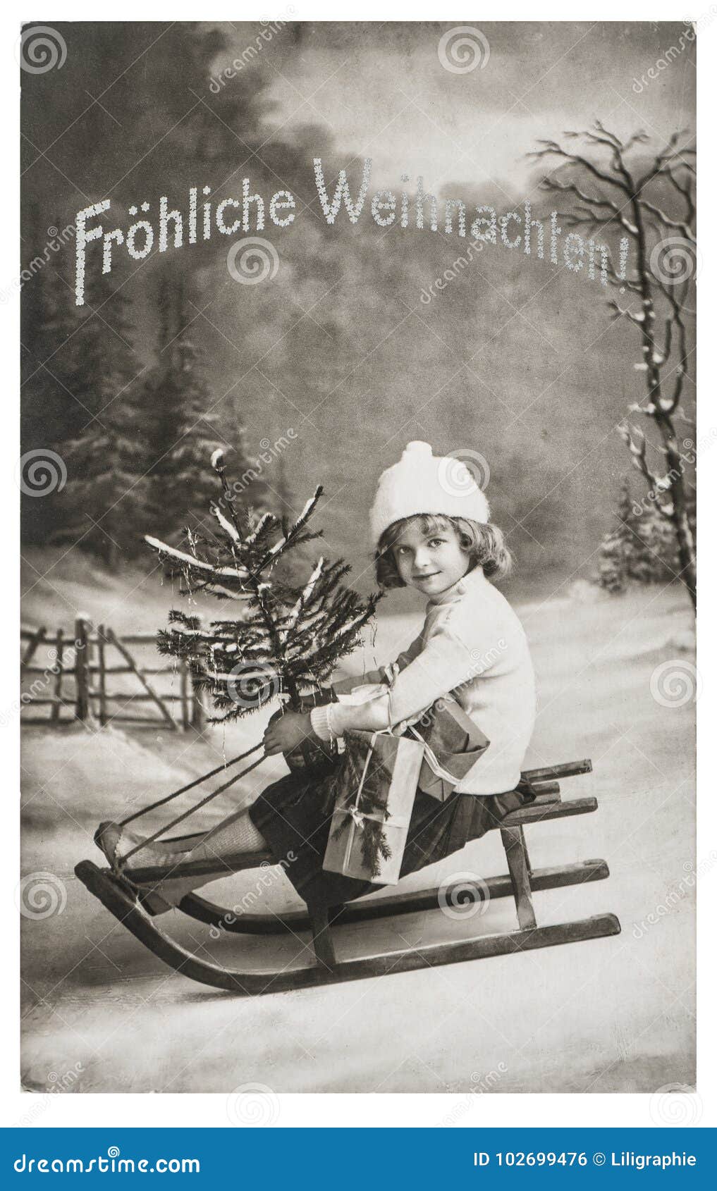 little girl sled christmas tree nostalgic vintage picture