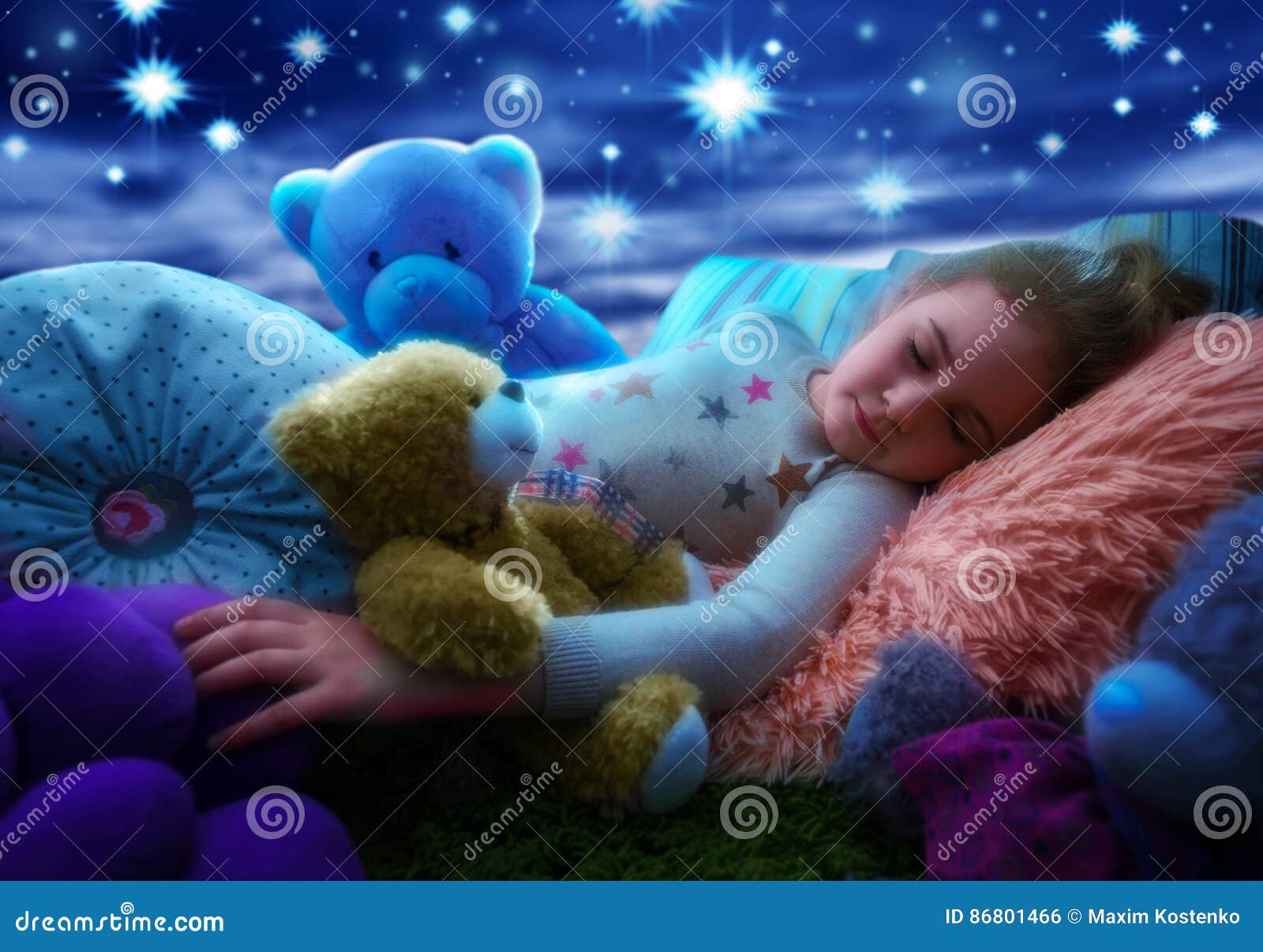 little girl sleeping with teddy bear in bed, dreaming the starry sky at bedtime night