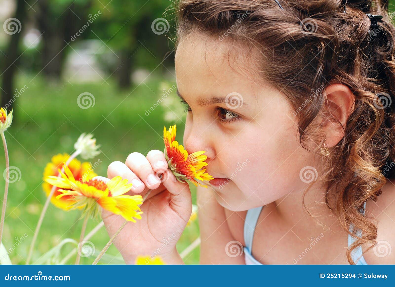 Little Girl Smelling Flower Stock Photo Image of cheerful, beautiful