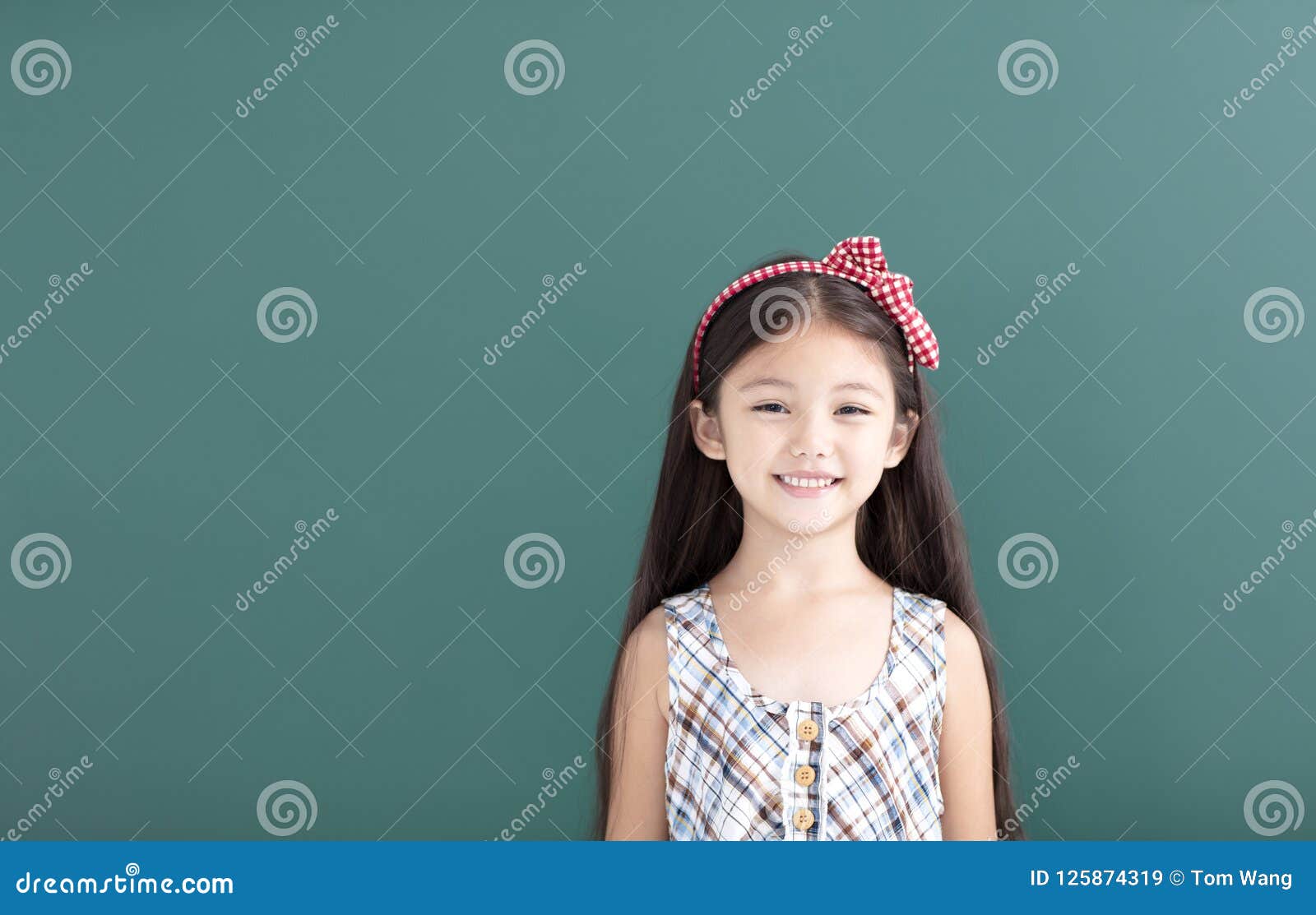 Little Girl Stand before Empty Chalkboard Stock Image Image of