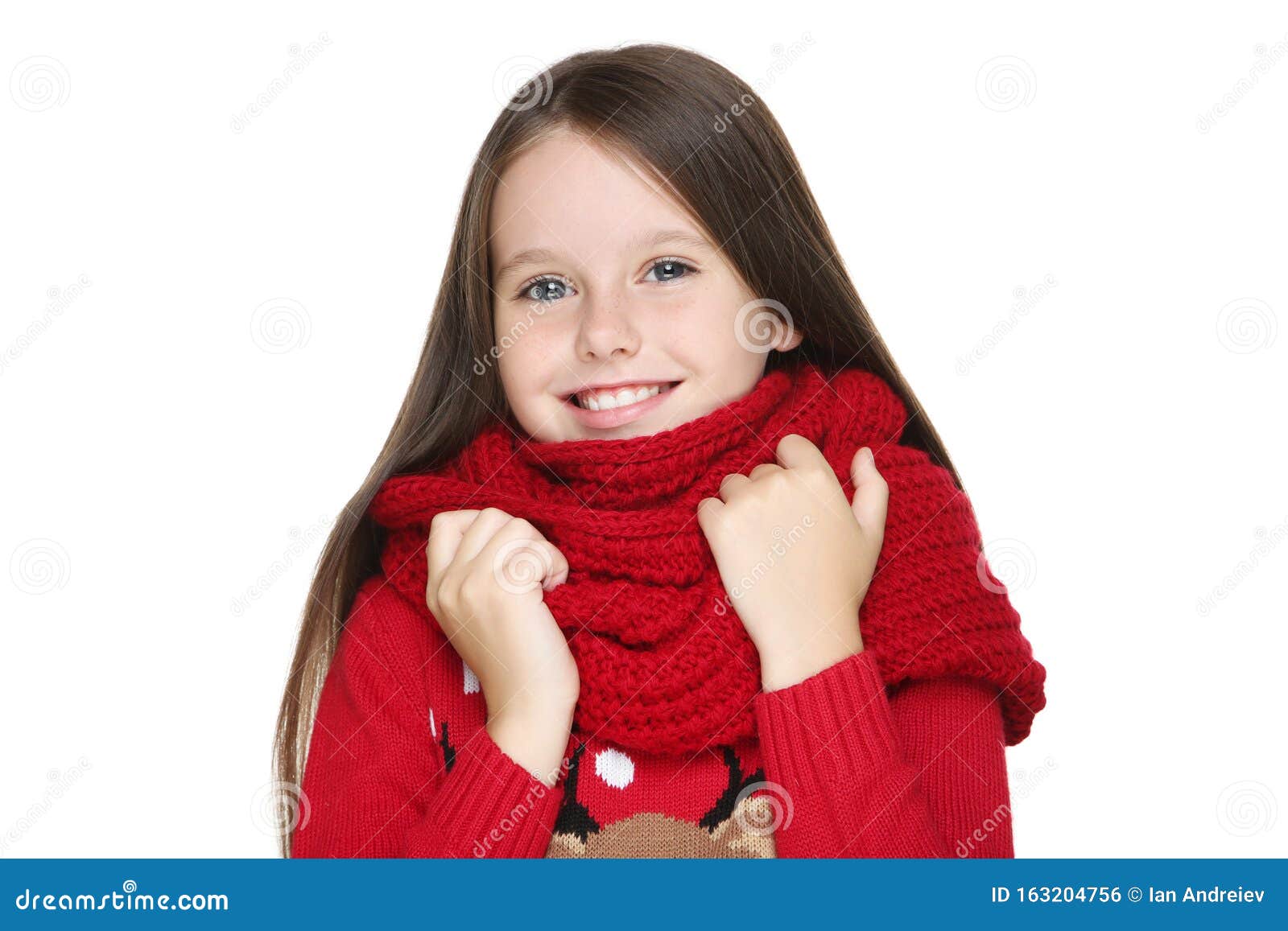 Little Girl In Sweater And Scarf Stock Photo - Image of closeup, gift ...