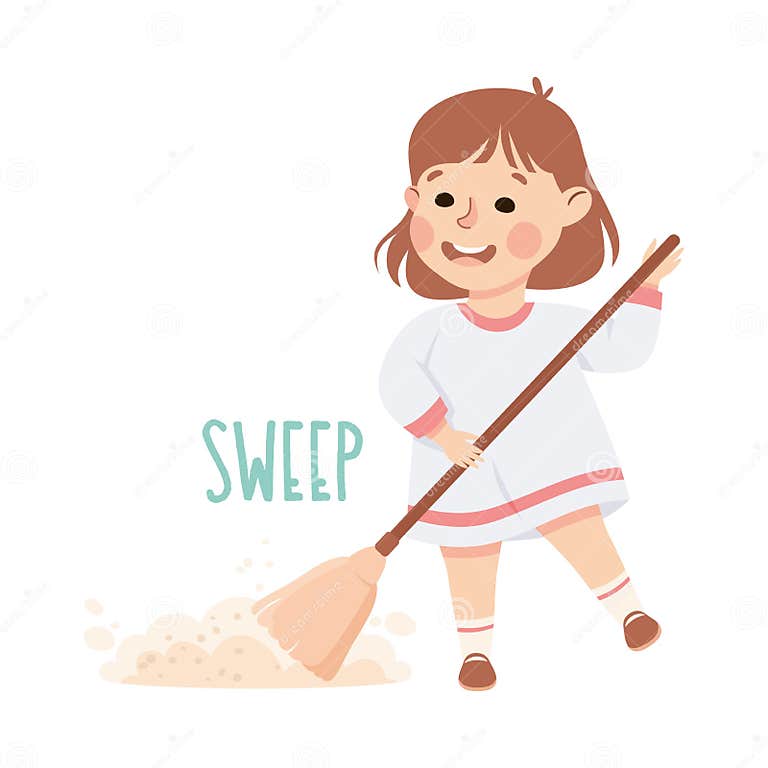 Little Girl Sweeping the Floor Demonstrating Vocabulary and Verb Studying Vector Illustration