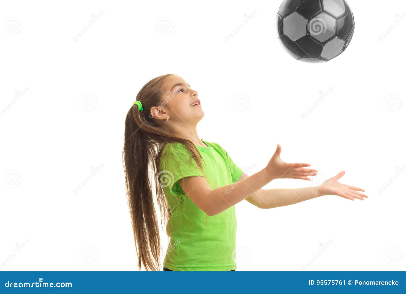 Little Girl Throws the Ball Up Isolated on White Background Stock Image