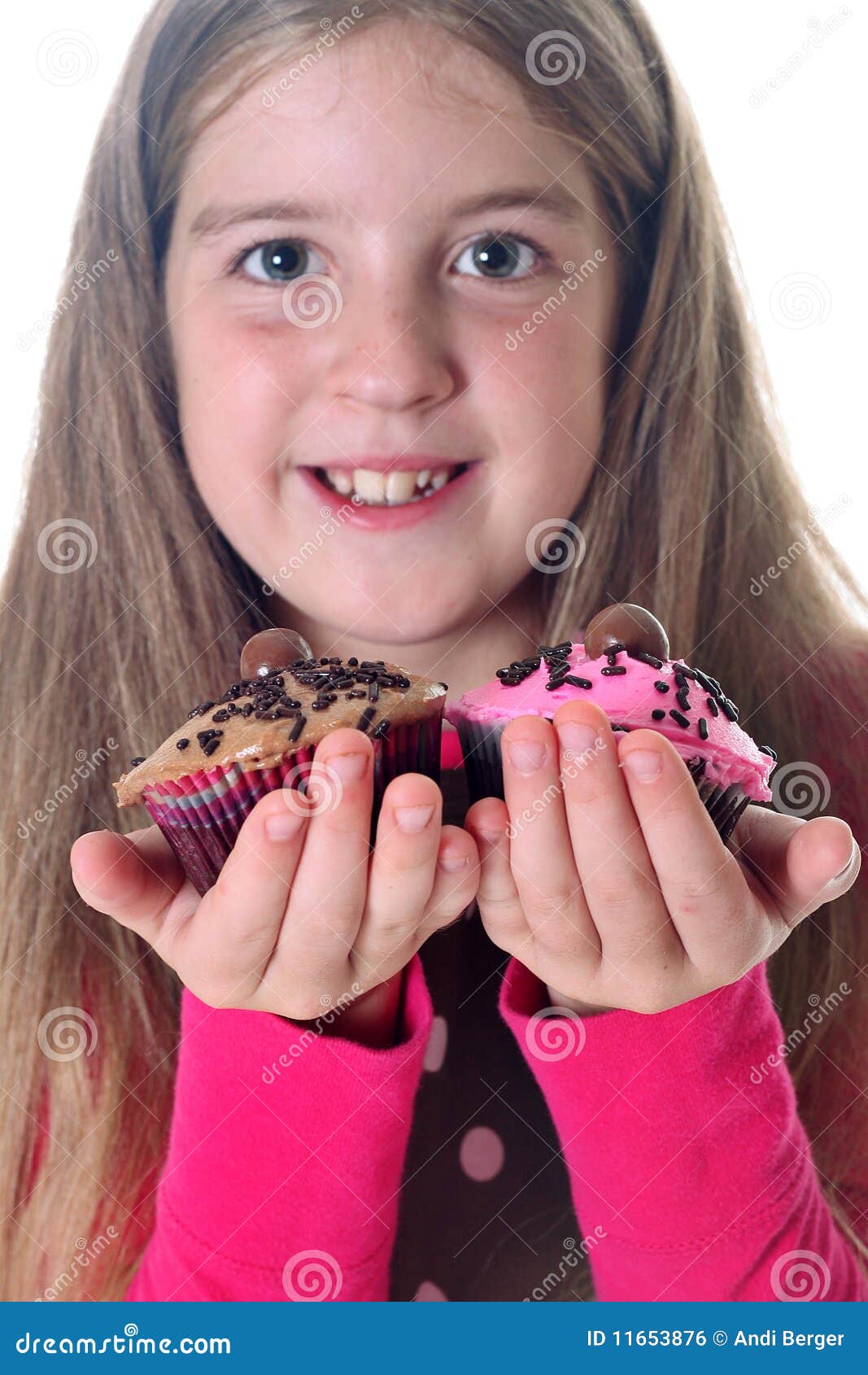 Little Girl with Two Cupcakes Stock Photo Image of isolated, happy