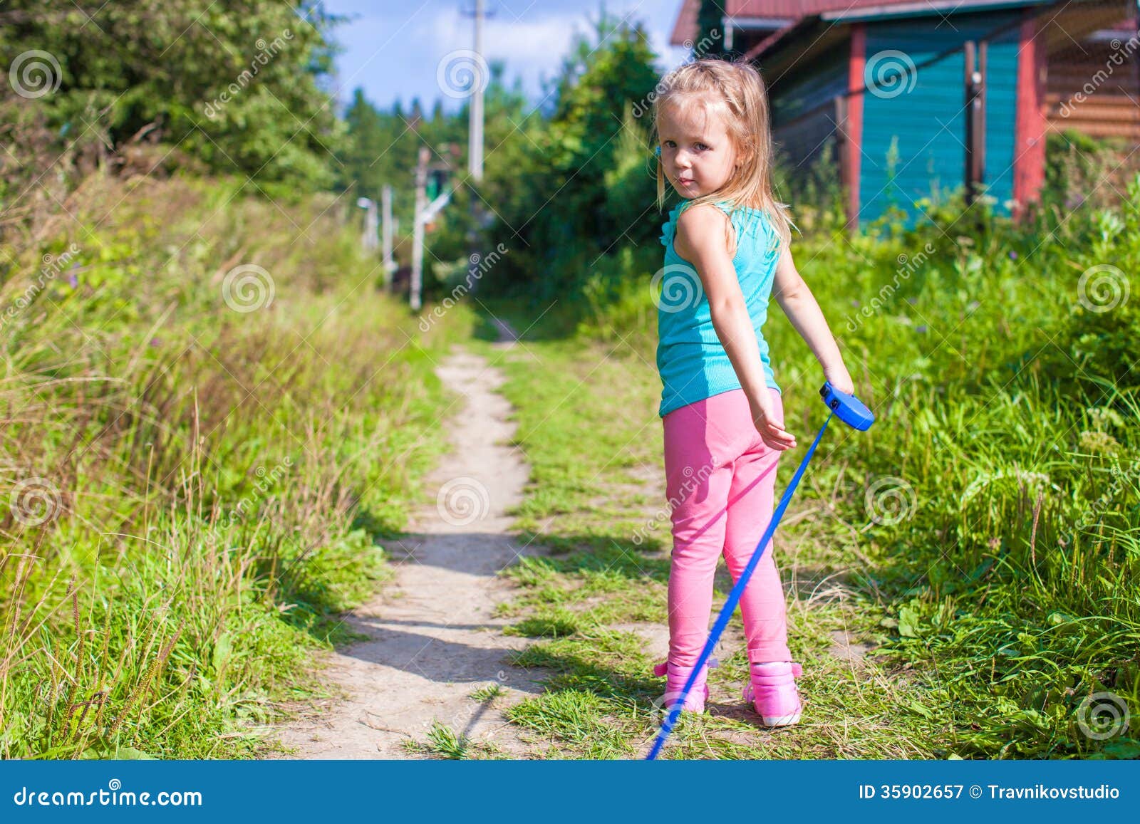 Little Girl Walking with Her ??dog on a Leash Stock Image Image of