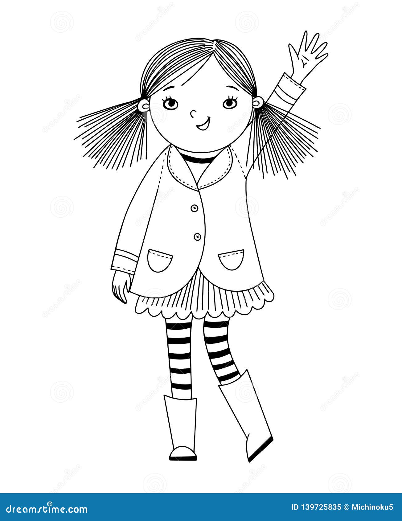 Little Girl is Waving Her Hand. Black and White Illustration for