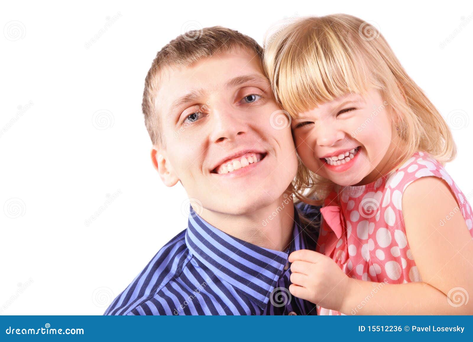little girl wearing dress is cuddle her father