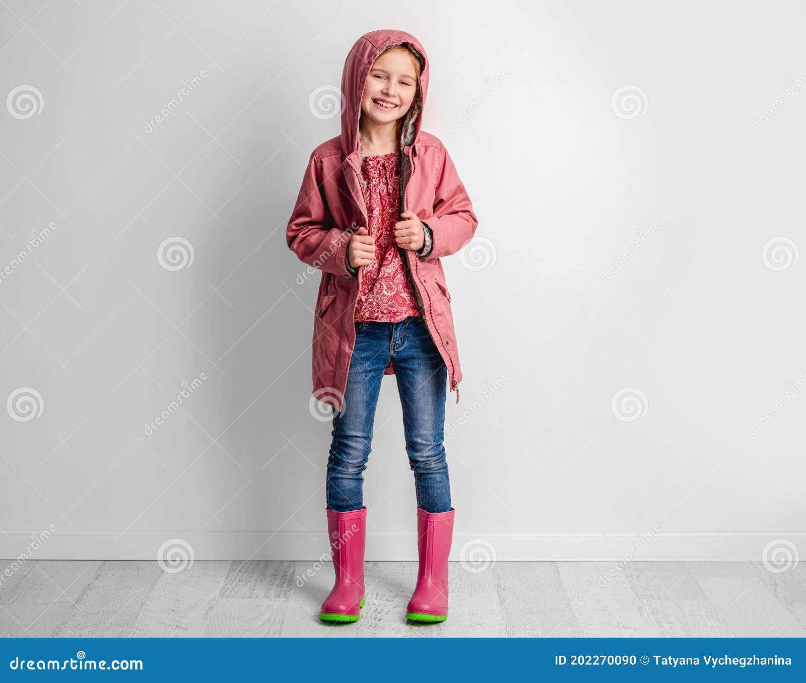 Little Girl Wearing Raincoat and Rubber Boots Stock Photo - Image of ...