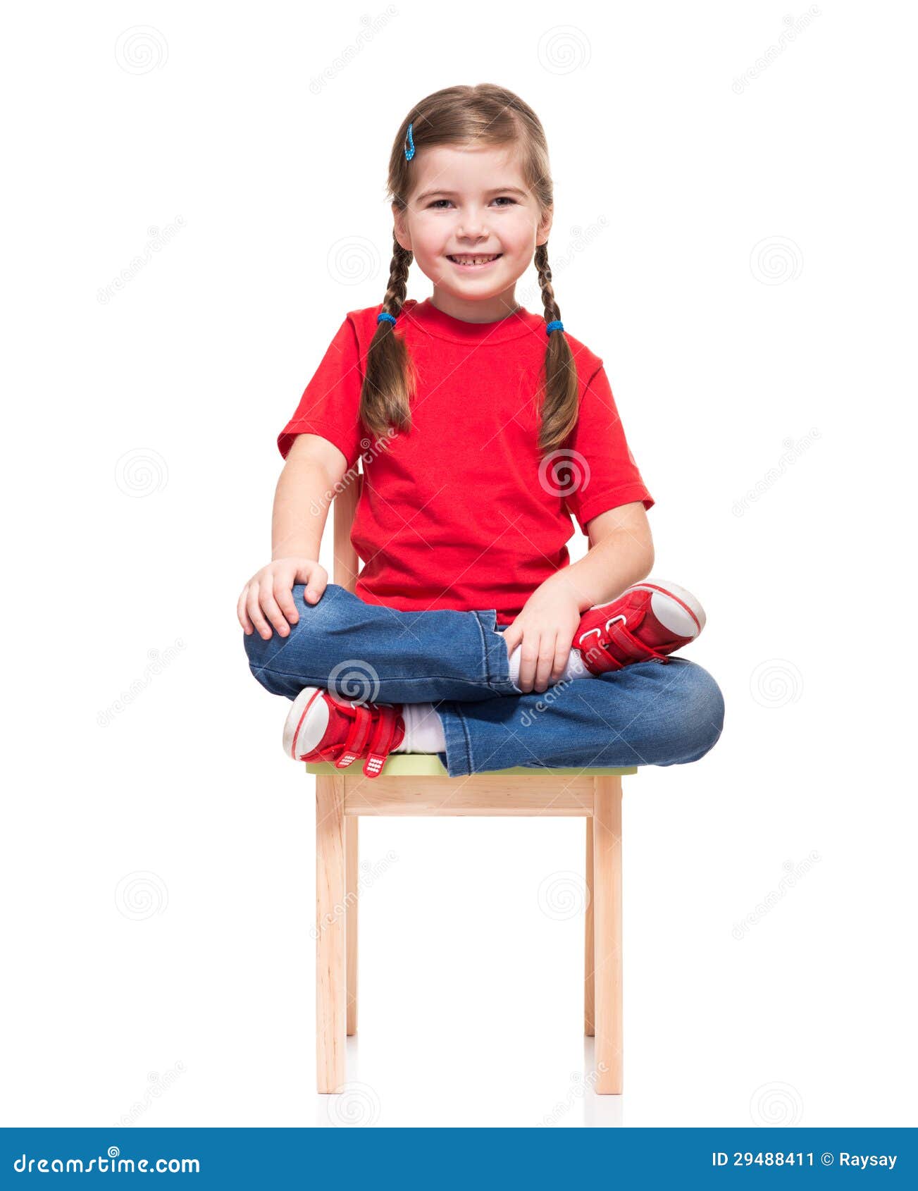 Little Girl Wearing Red T-short And Posing On Chair Stock Image - Image ...