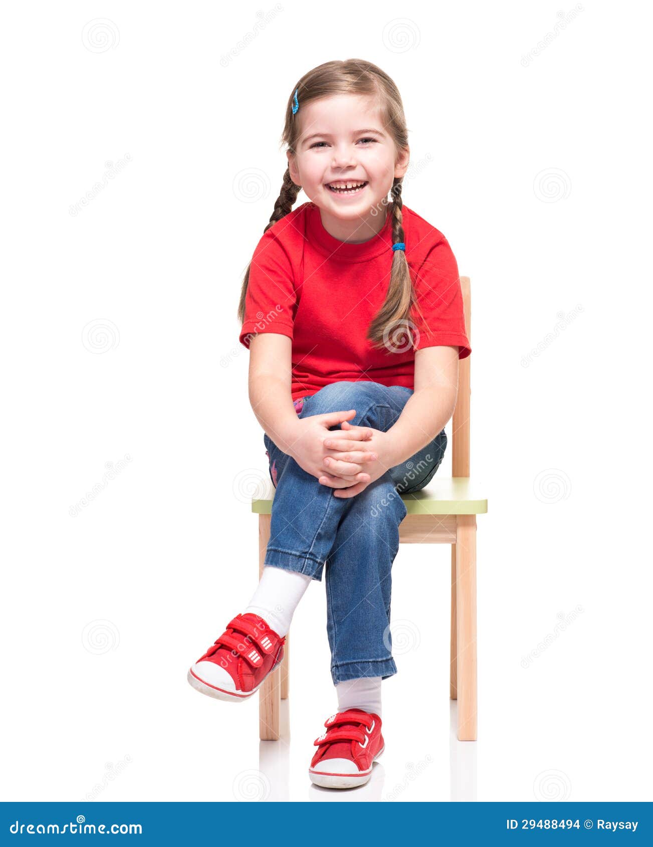 Little Girl Wearing Red T-short and Posing on Chair Stock Photo - Image ...