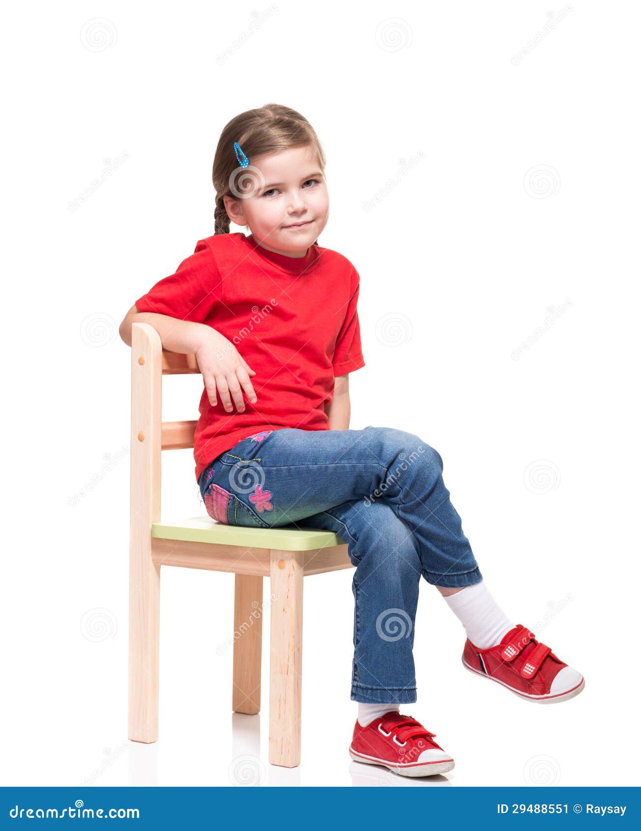 Little Girl Wearing Red T-short and Posing on Chair Stock Image - Image ...