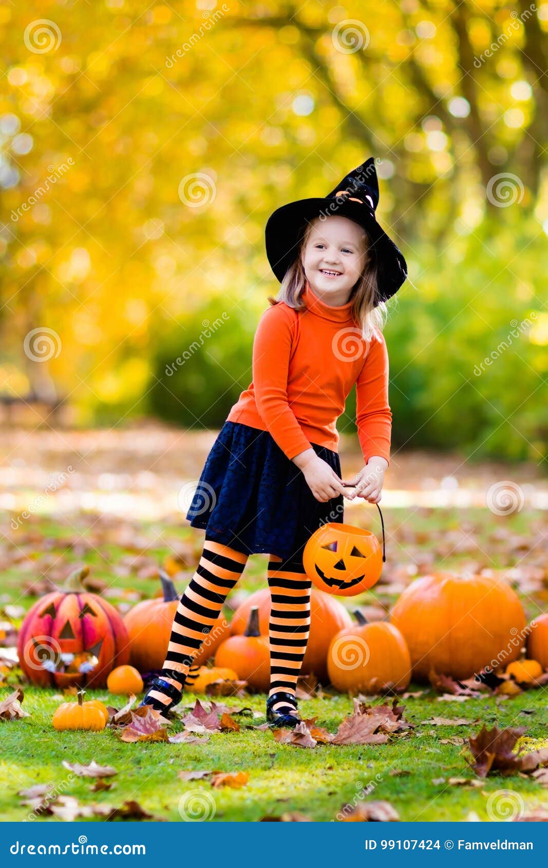 Little Girl in Witch Costume on Halloween Trick or Treat Stock Photo ...