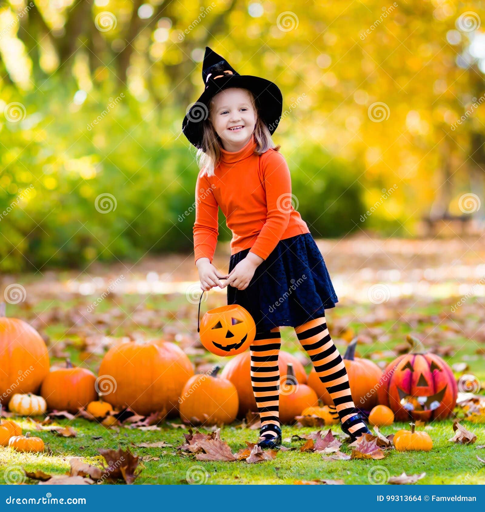 Little Girl in Witch Costume on Halloween Trick or Treat Stock Photo ...