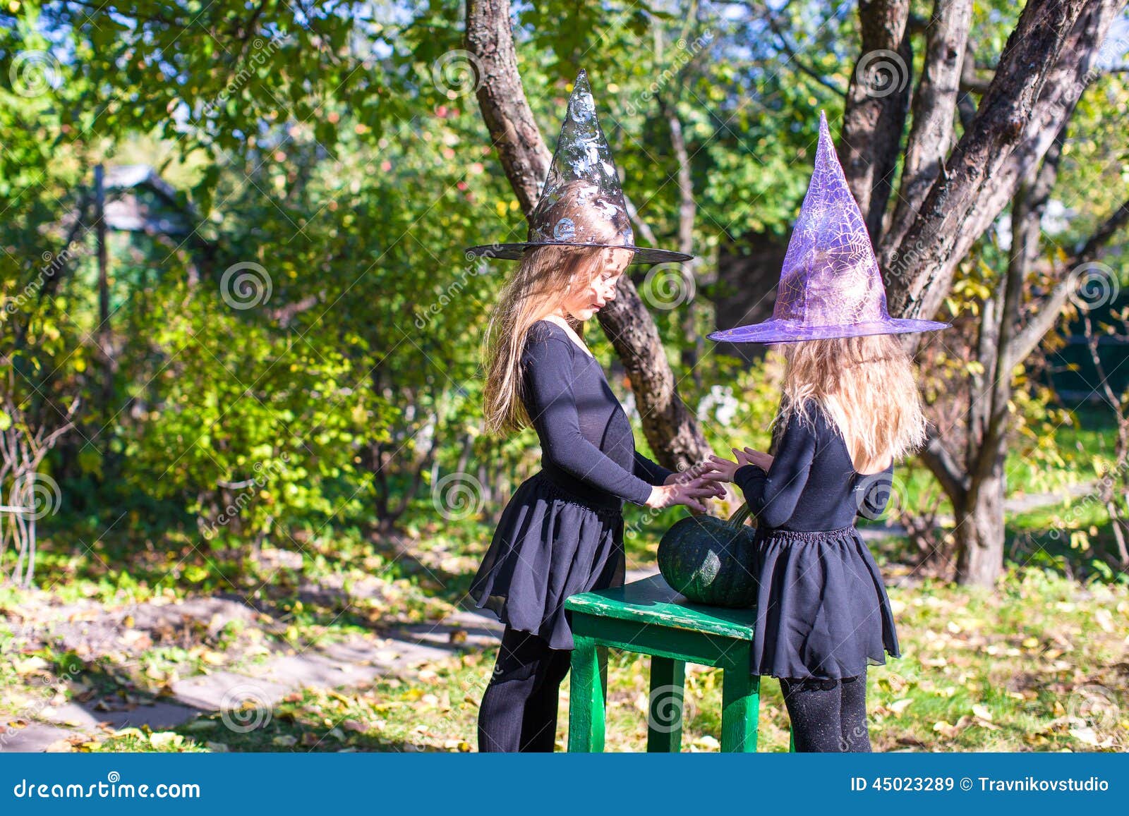 Little Girls Casting a Spell on Halloween in Witch Stock Image - Image ...