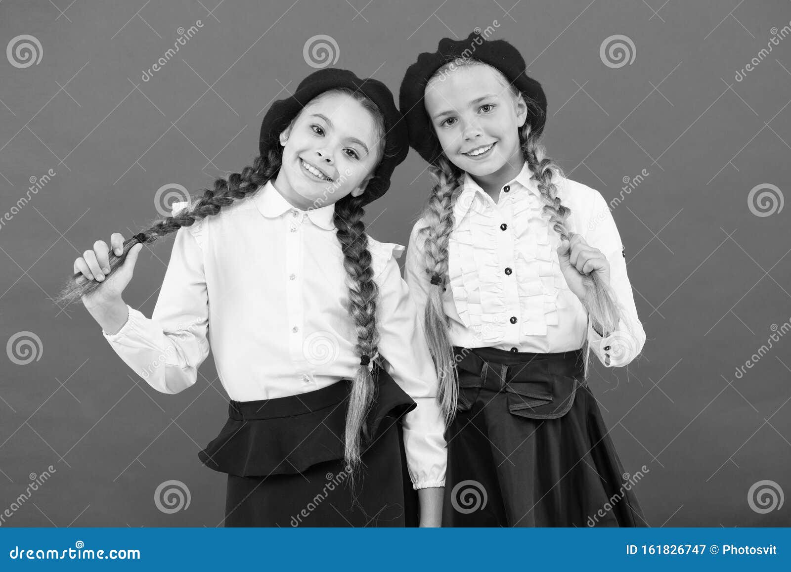 Little Girls in French Beret. Happy Children in Uniform. Friendship and ...