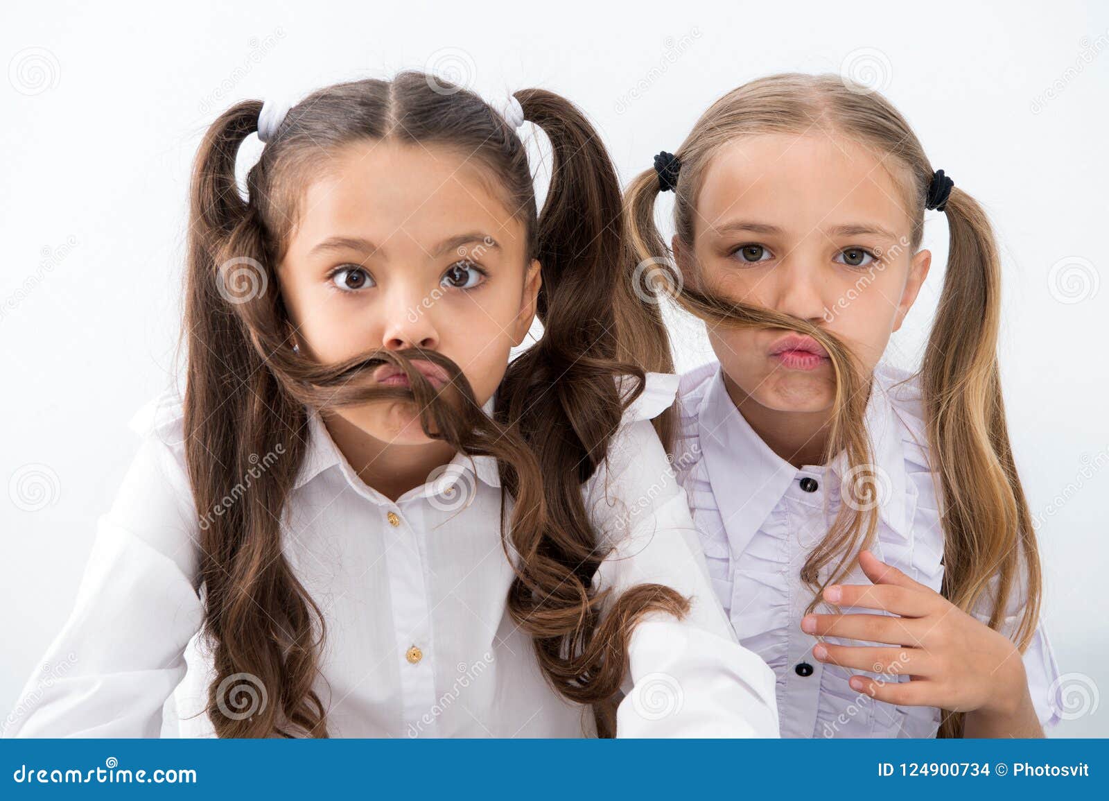 Little Girls Make Mustache With Long Hair Hairstyle Concept