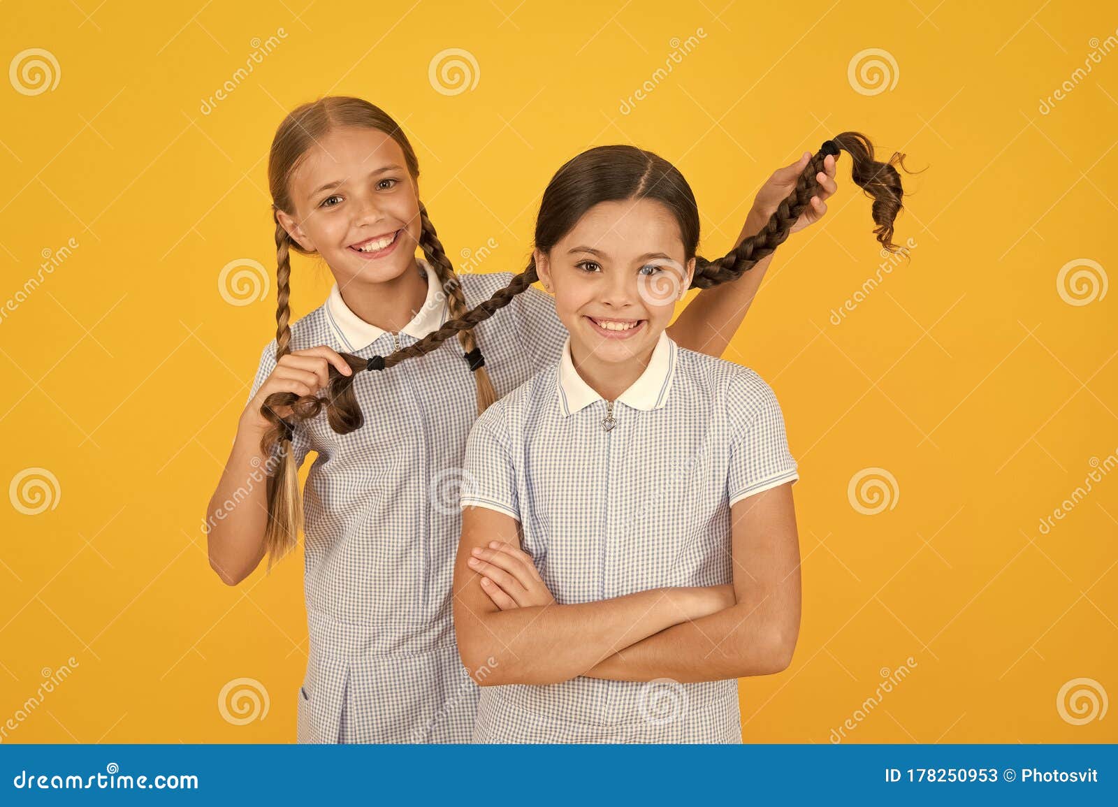 Little Girls Playing With Cute Braids. Beautiful Schoolgirls. Back To ...