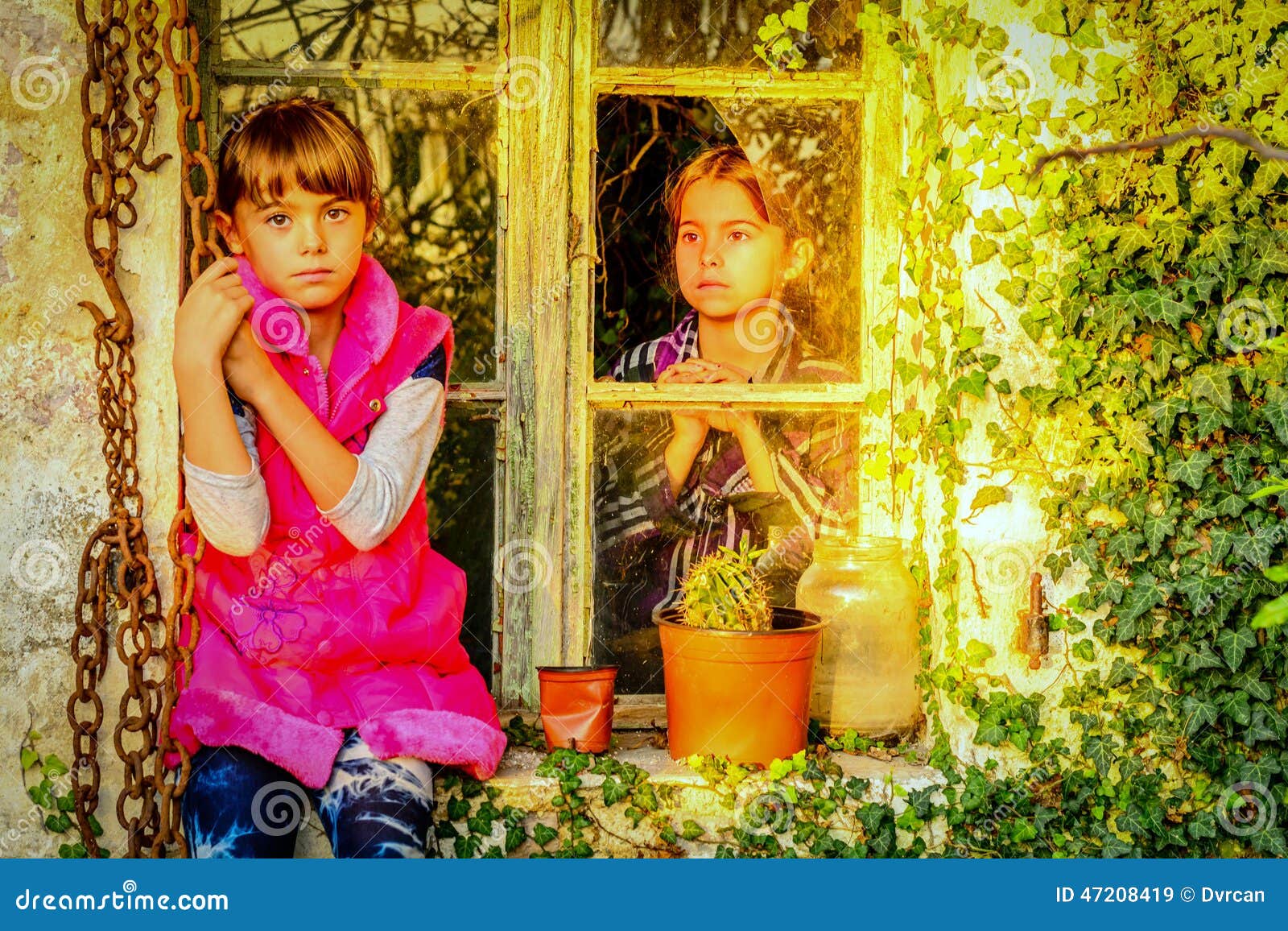 Little Girls Sitting by the Window Stock Image Image of scenes, doors