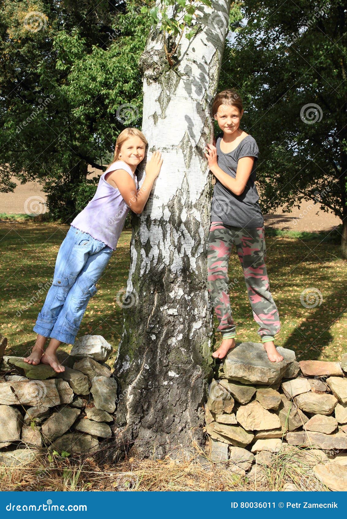 https://thumbs.dreamstime.com/z/little-girls-stone-wall-small-barefoot-kids-standing-leaning-trunk-birch-tree-80036011.jpg