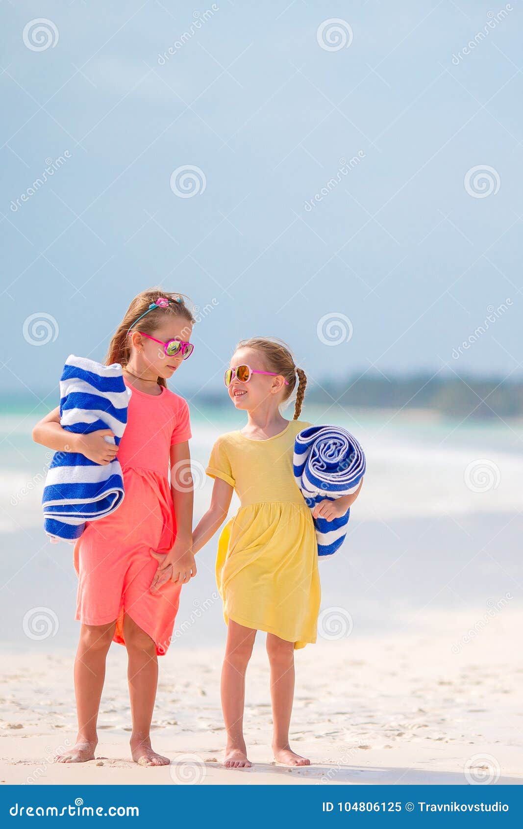 Little Girls with Towels Ready for Swimming at the Sea on Tropical ...